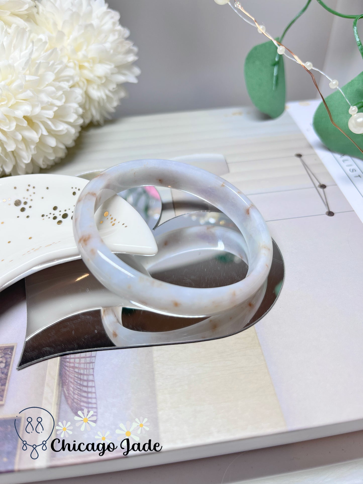 54.4mm Size XS Oval Shaped Moonlight White Base with Orange Highlights Natural Grade A Authentic Jadeite Jade Feicui Bangle Handmade Untreated