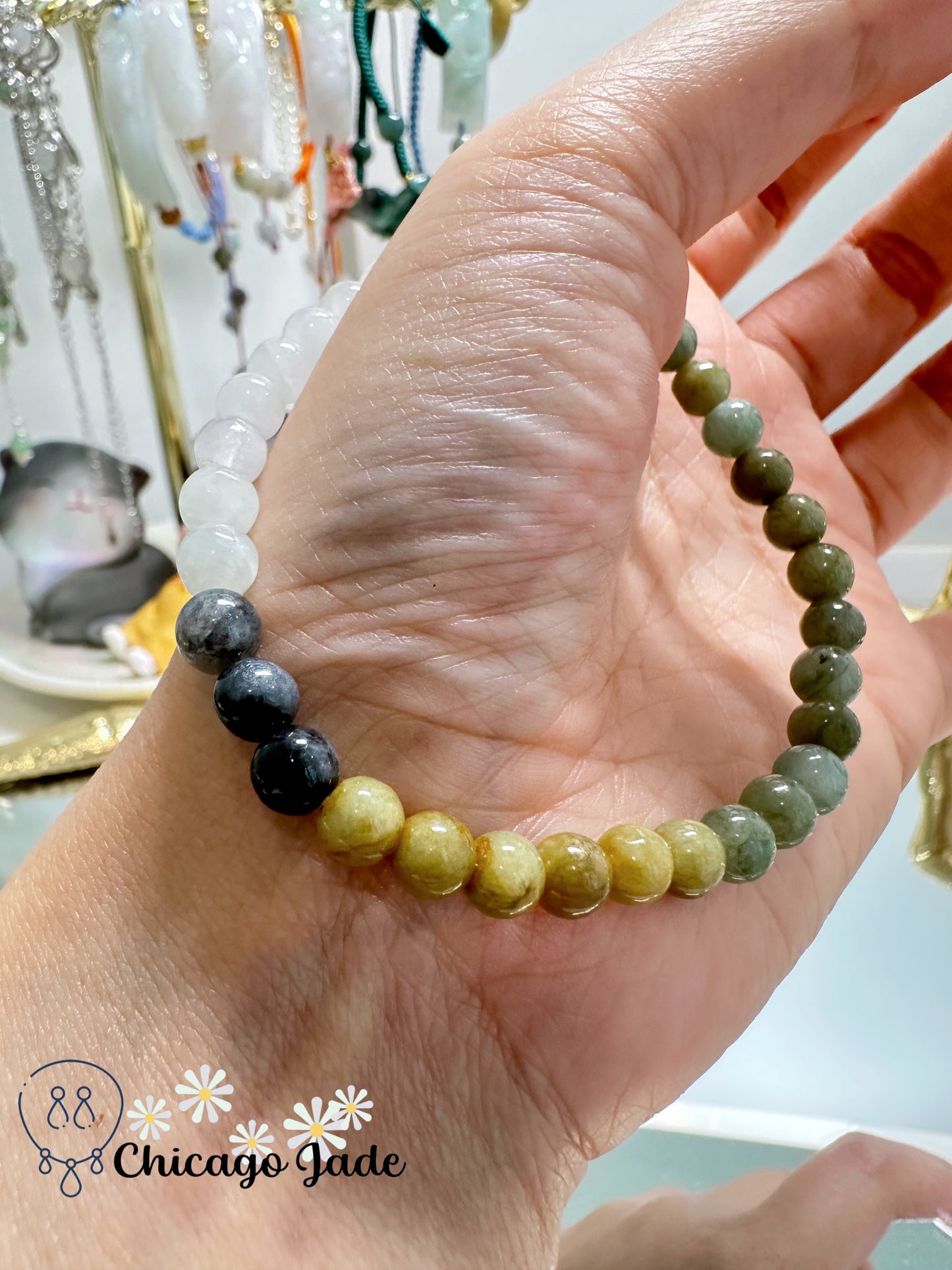 Translucent white yellow green grey multi-color jadeite jade beaded bracelet - natural untreated adjustable