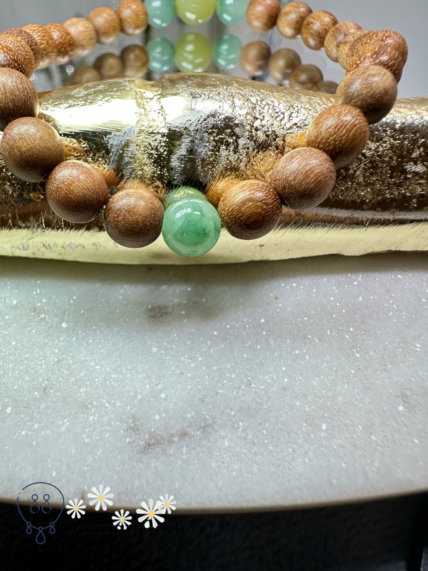 Blue green yellow tri-color jadeite jade beads with wood beaded bracelet