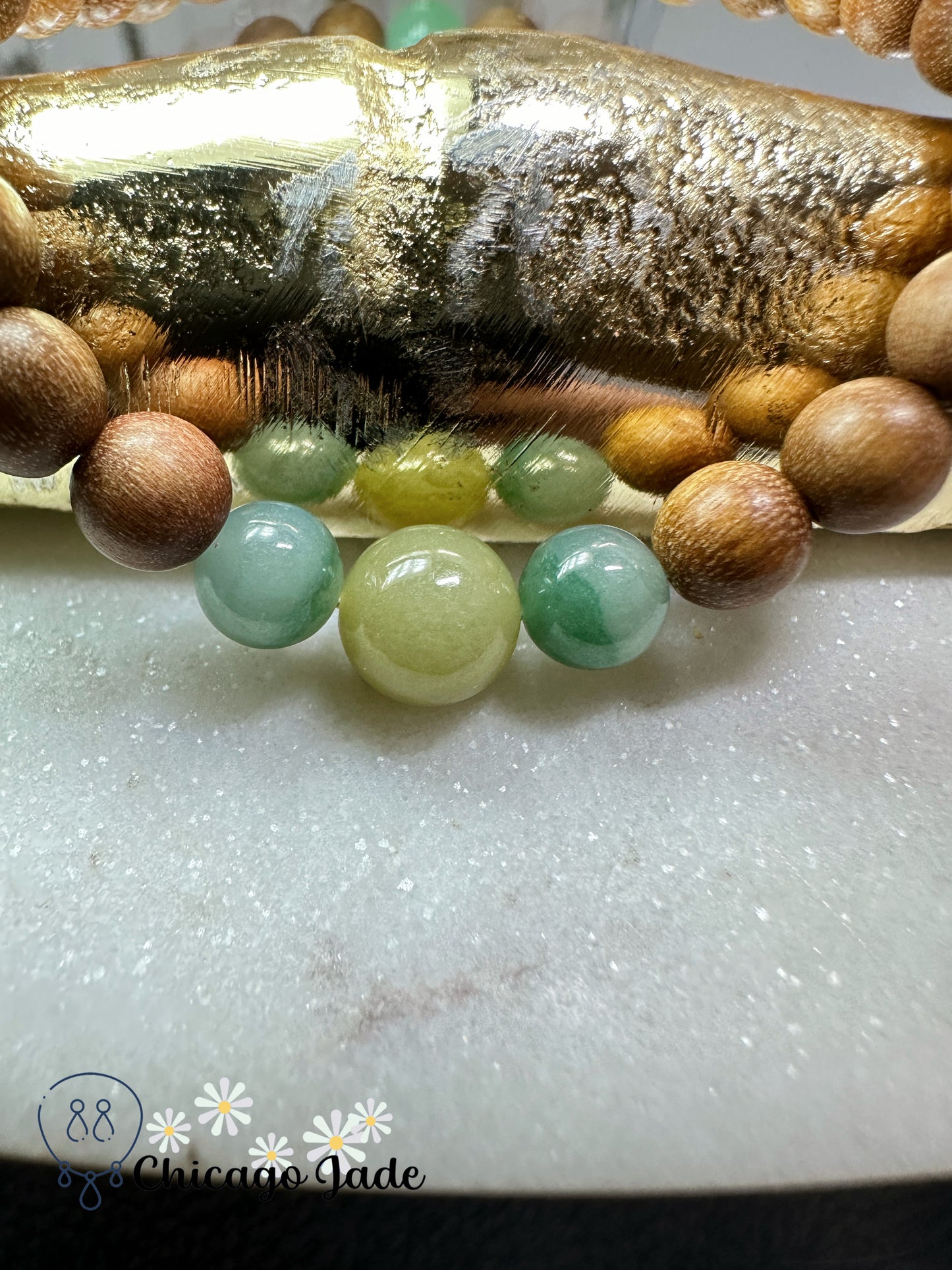 Blue green yellow tri-color jadeite jade beads with wood beaded bracelet