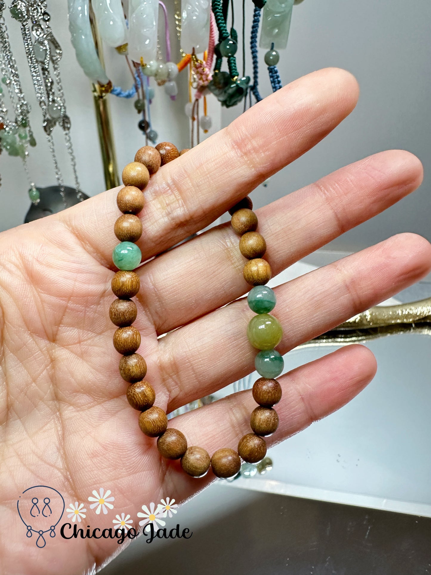 Blue green yellow tri-color jadeite jade beads with wood beaded bracelet