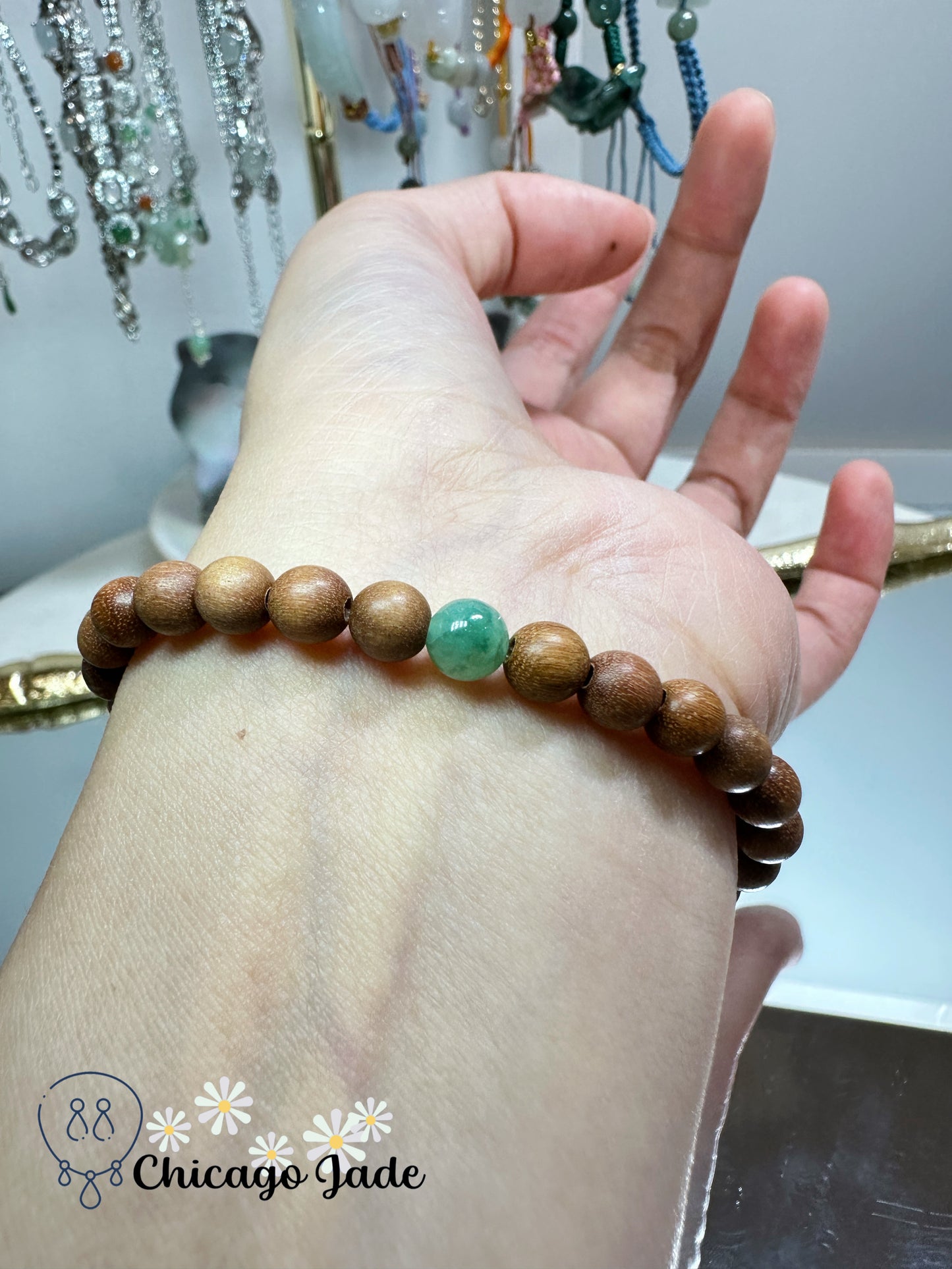 Blue green yellow tri-color jadeite jade beads with wood beaded bracelet