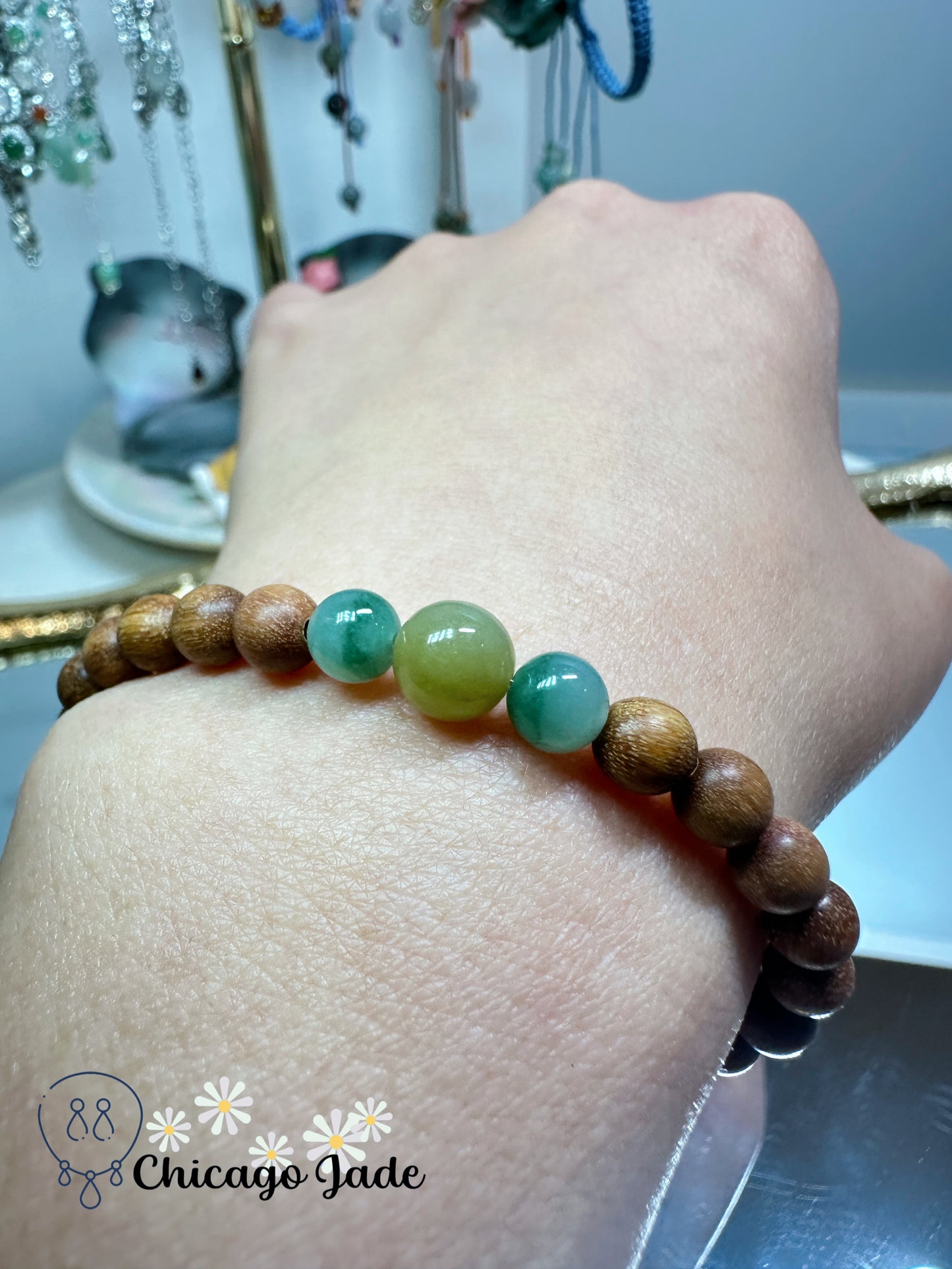 Blue green yellow tri-color jadeite jade beads with wood beaded bracelet