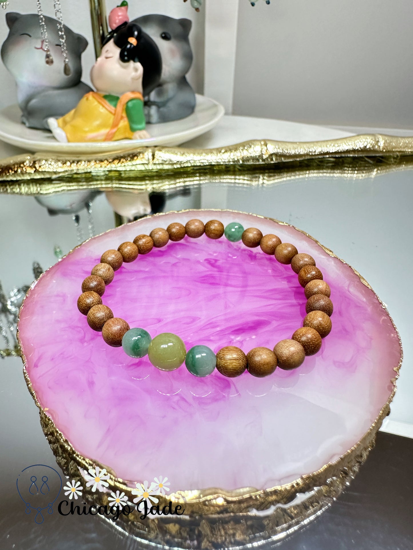 Blue green yellow tri-color jadeite jade beads with wood beaded bracelet