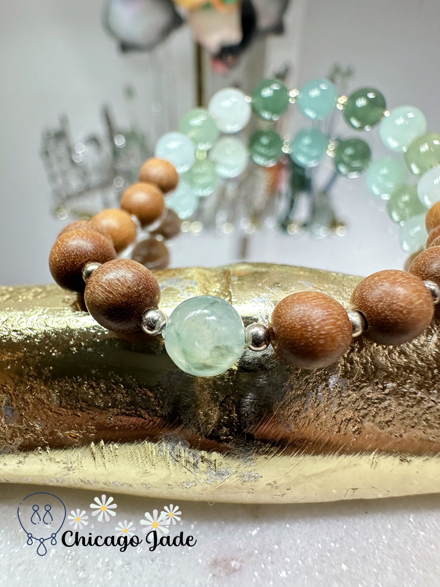 Light green sky blue white round jadeite jade beads with matching wood beads adjustable bracelet