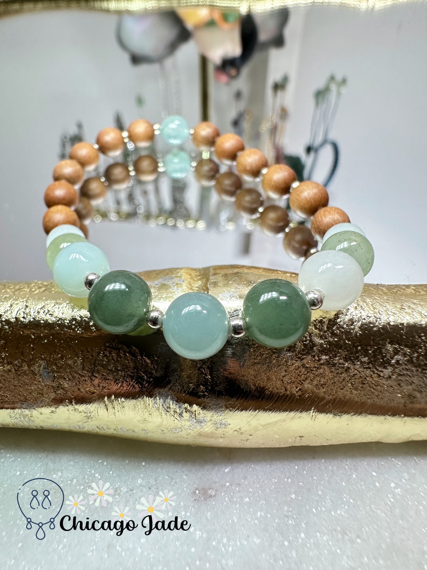 Light green sky blue white round jadeite jade beads with matching wood beads adjustable bracelet