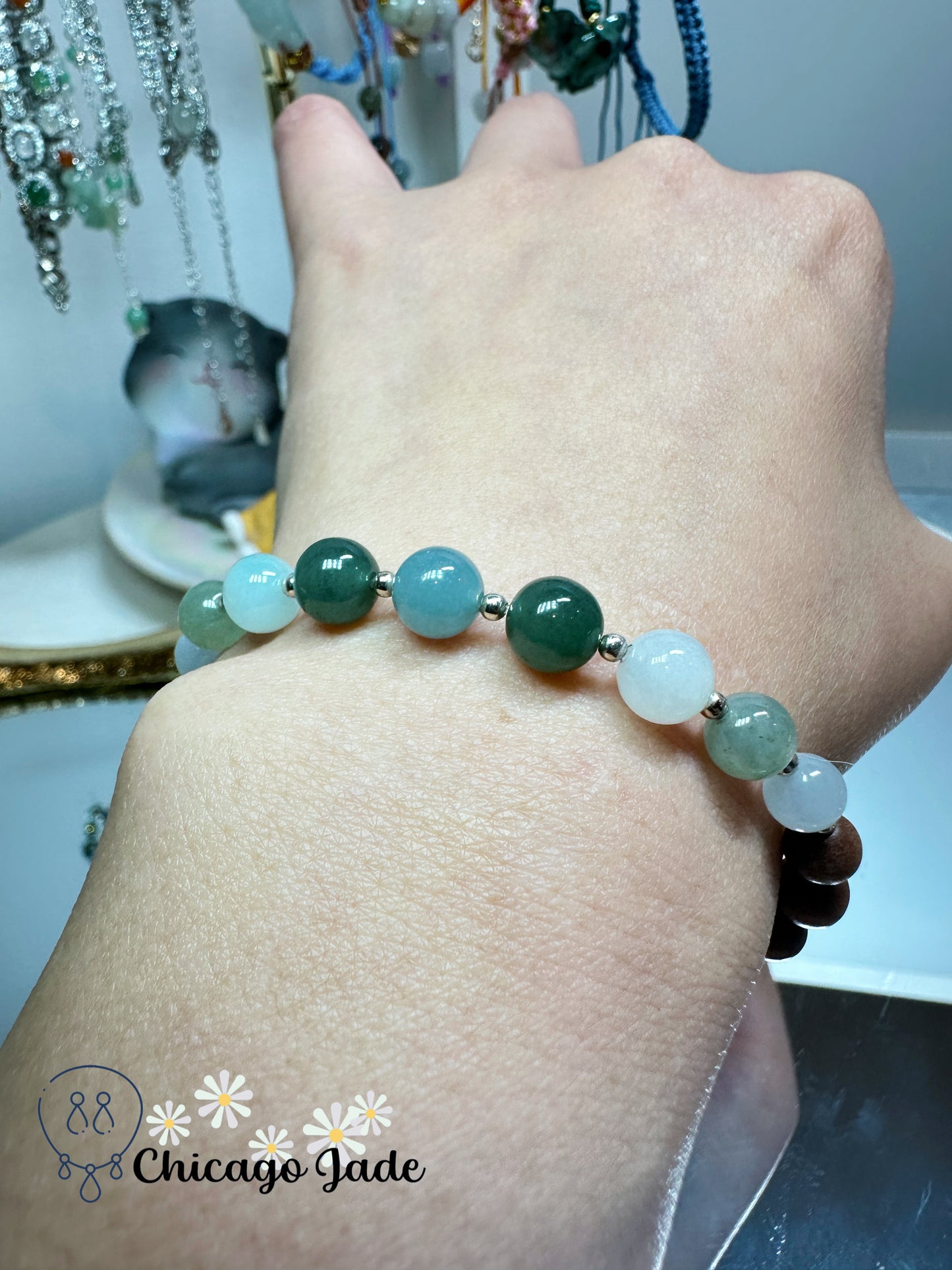 Light green sky blue white round jadeite jade beads with matching wood beads adjustable bracelet