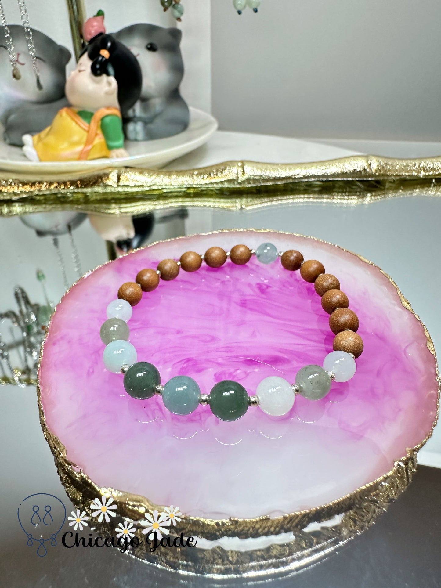 Light green sky blue white round jadeite jade beads with matching wood beads adjustable bracelet