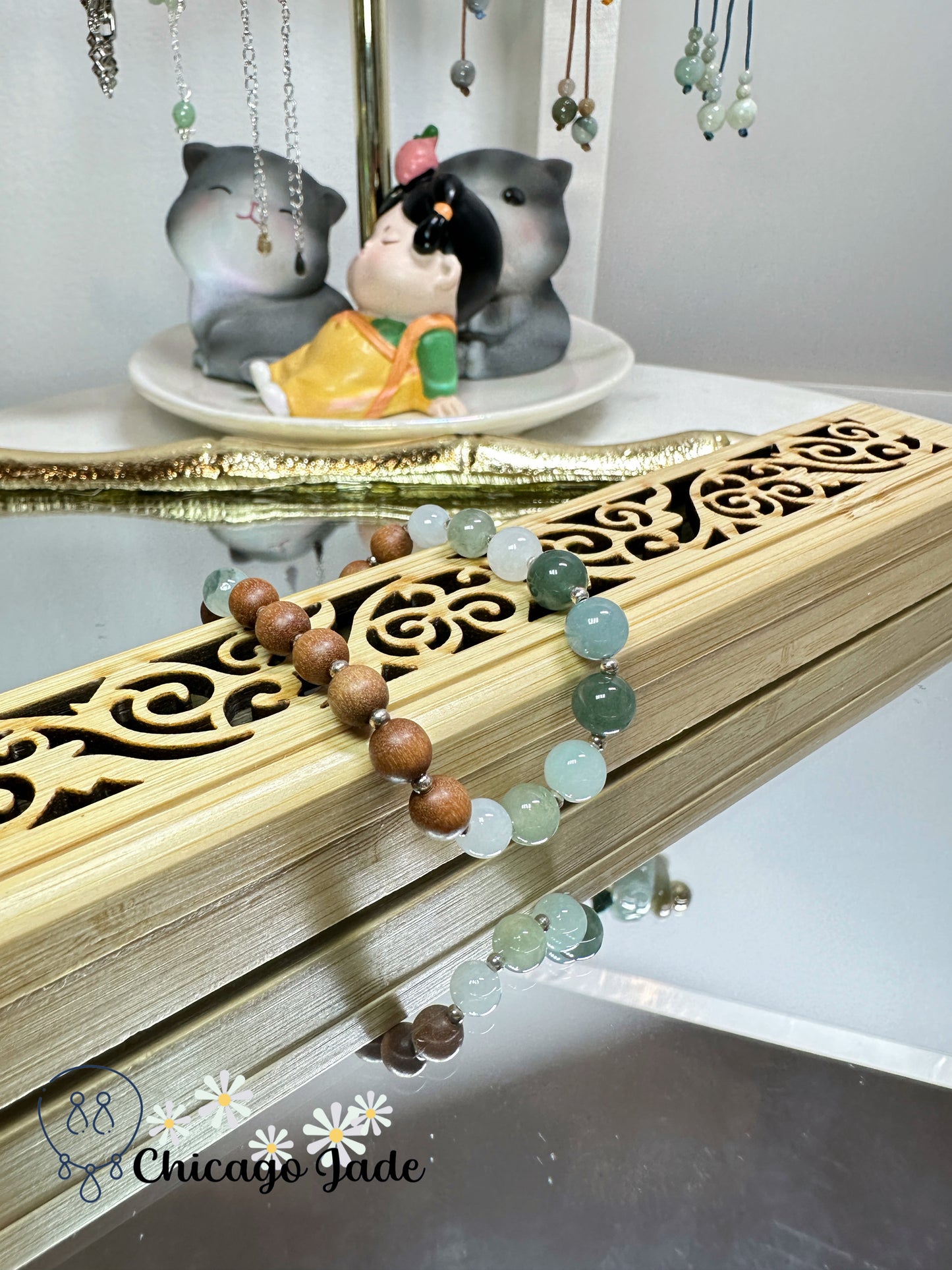 Light green sky blue white round jadeite jade beads with matching wood beads adjustable bracelet