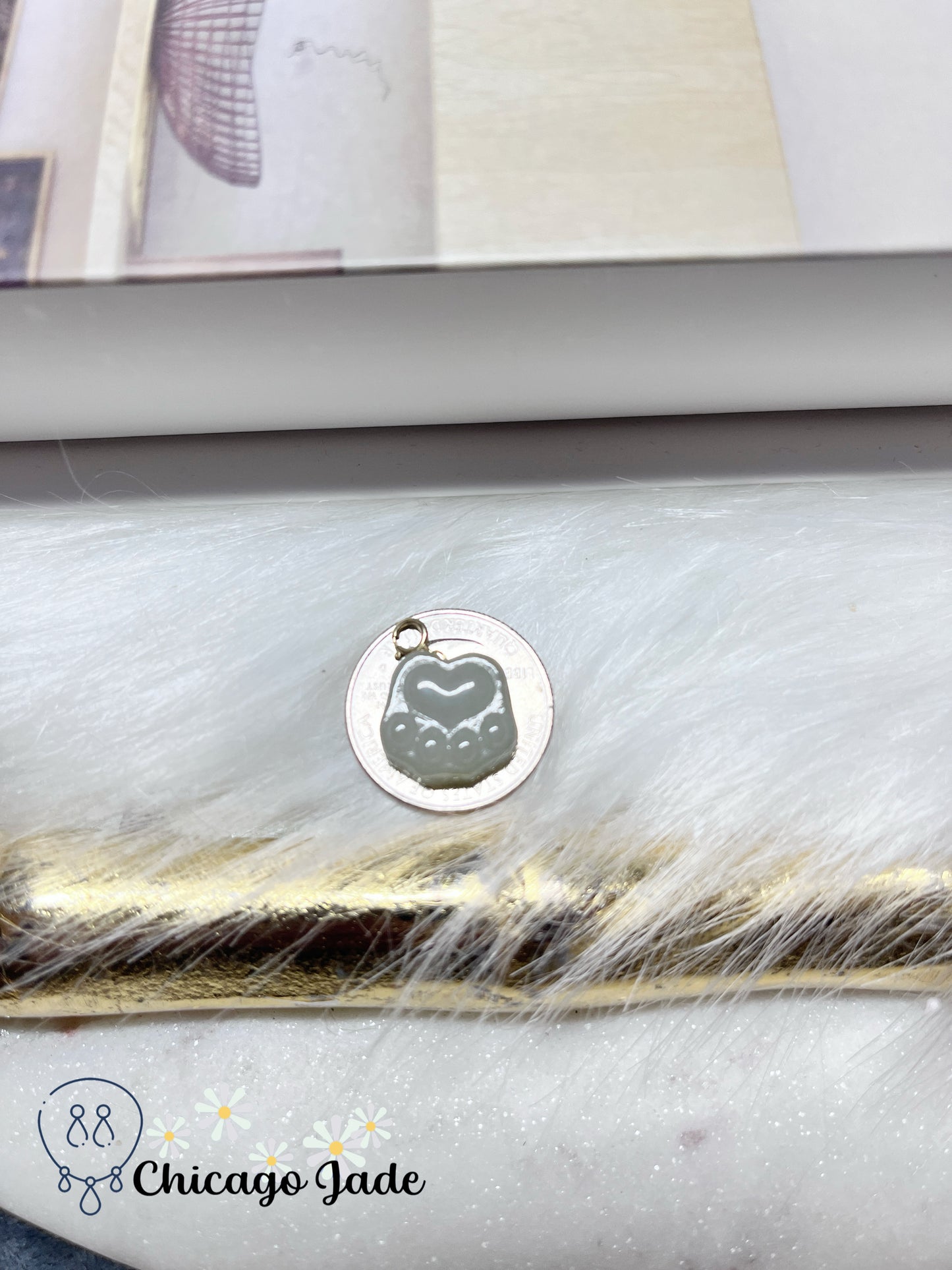 Icy Light Grey Jadeite Jade Feicui Carved Pet Dog Cat Paw with Solid 18K Clasp Pendant Necklace Certified Burma