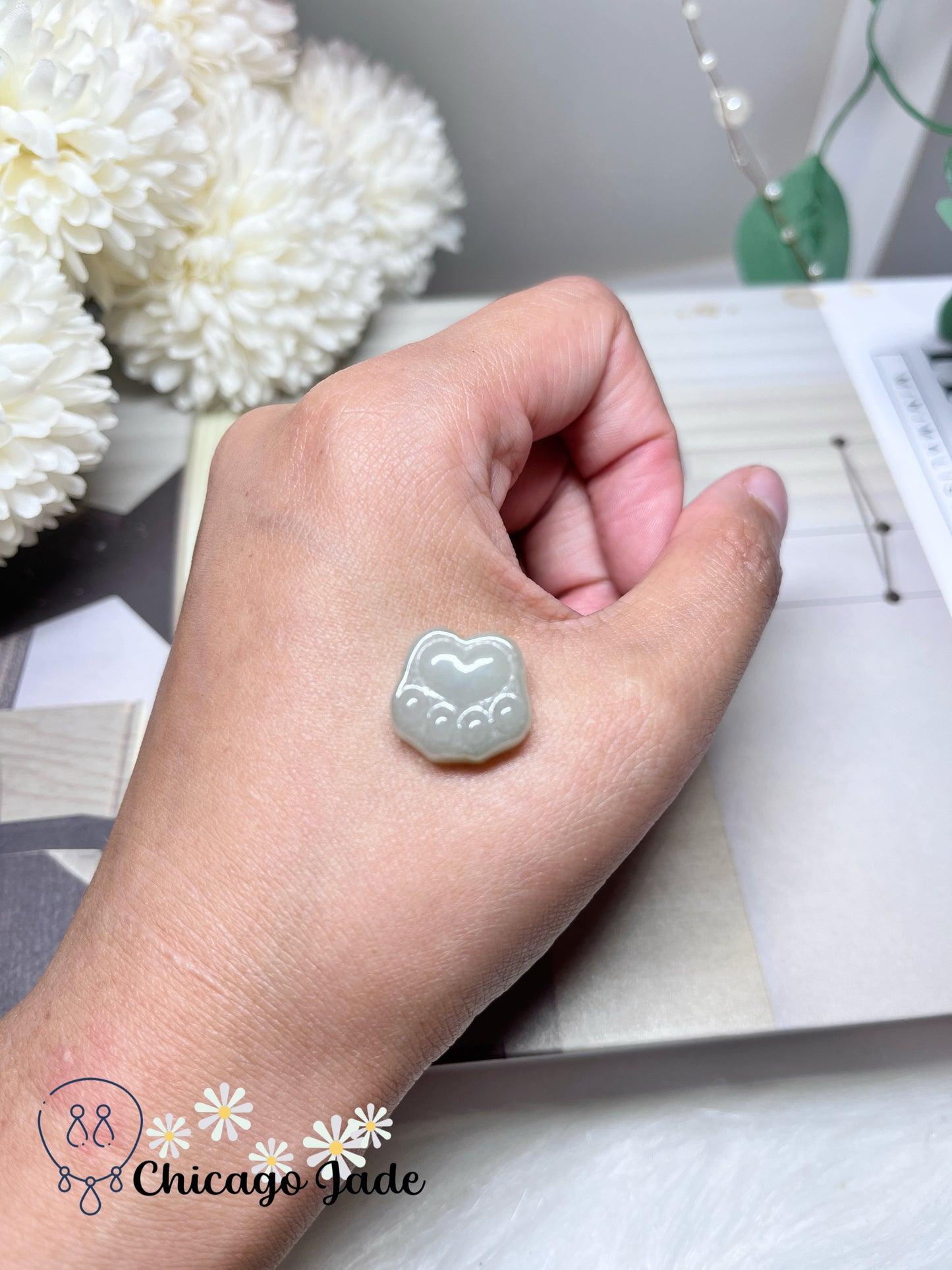 Icy Light Grey Jadeite Jade Feicui Carved Pet Dog Cat Paw with Solid 18K Clasp Pendant Necklace Certified Burma