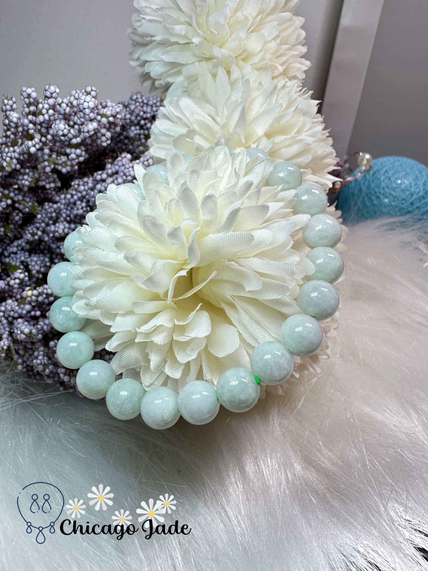 Large round milky white with touches of green jadeite jade feicui beaded bracelet
