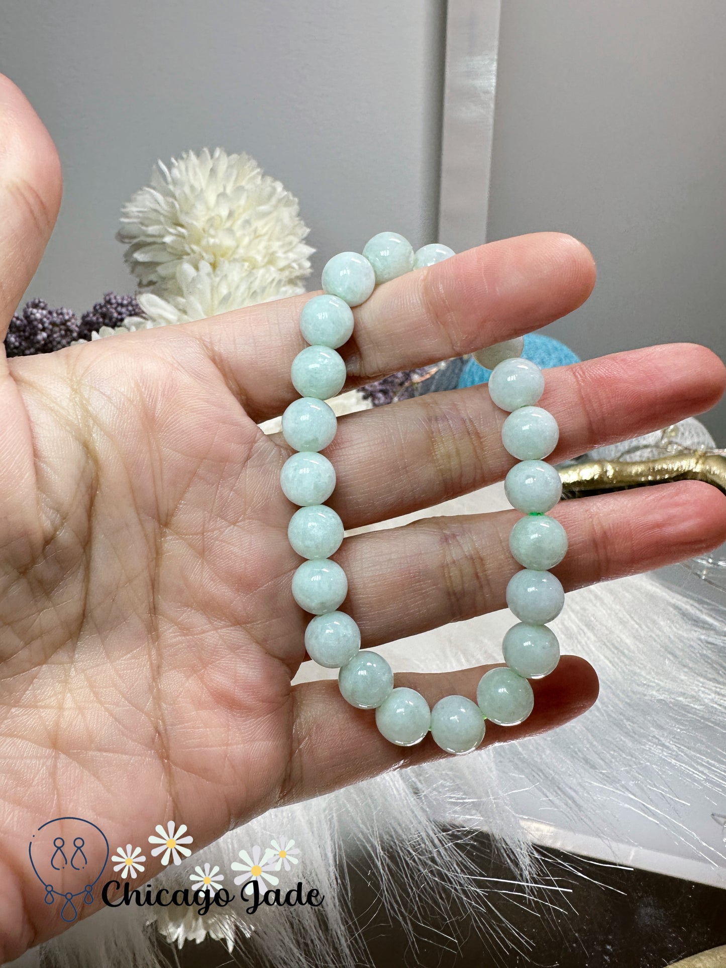 Large round milky white with touches of green jadeite jade feicui beaded bracelet