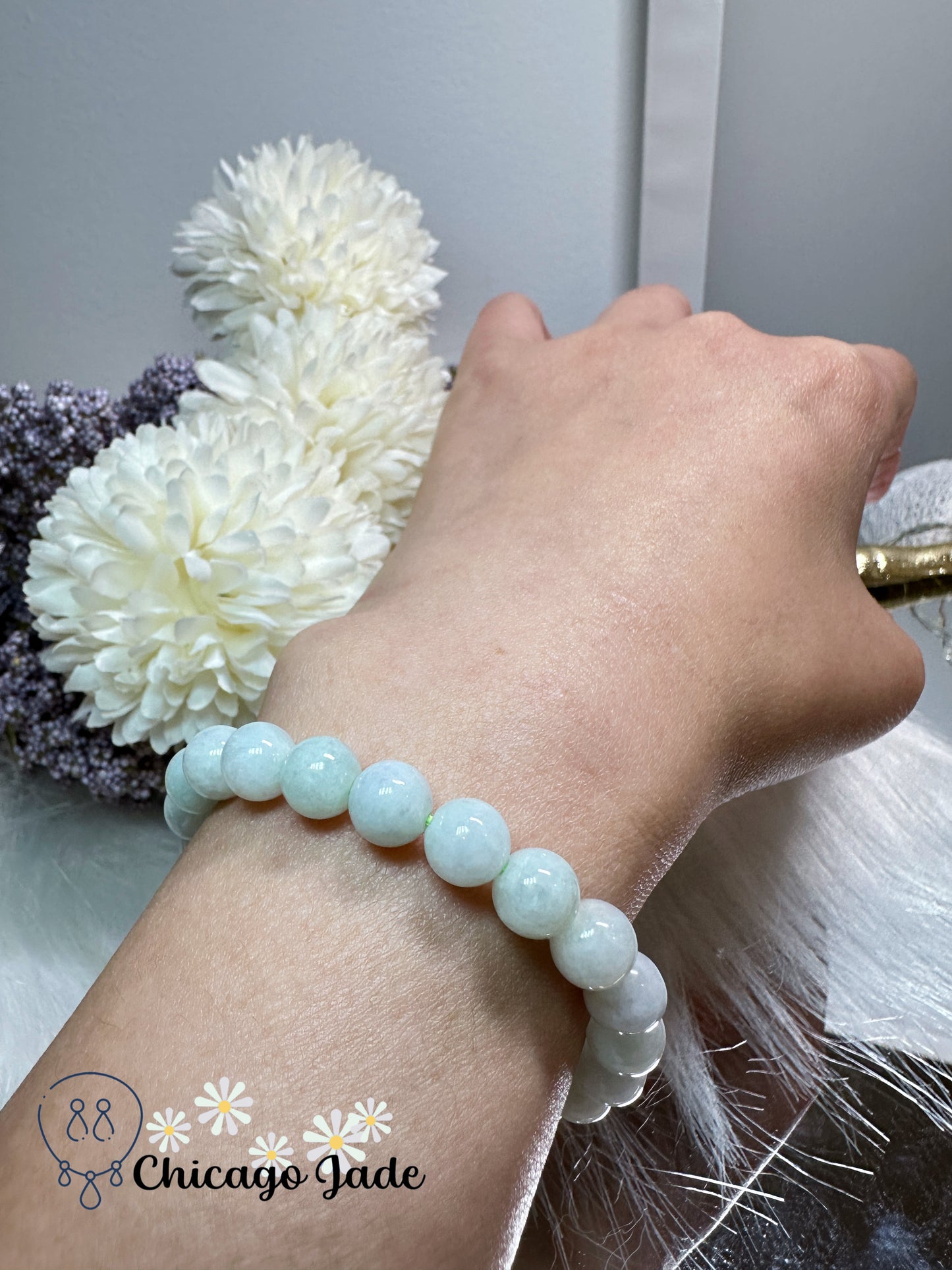 Large round milky white with touches of green jadeite jade feicui beaded bracelet