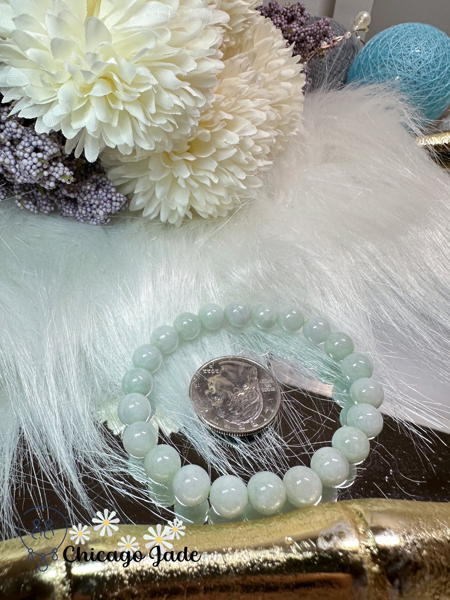 Large round milky white with touches of green jadeite jade feicui beaded bracelet