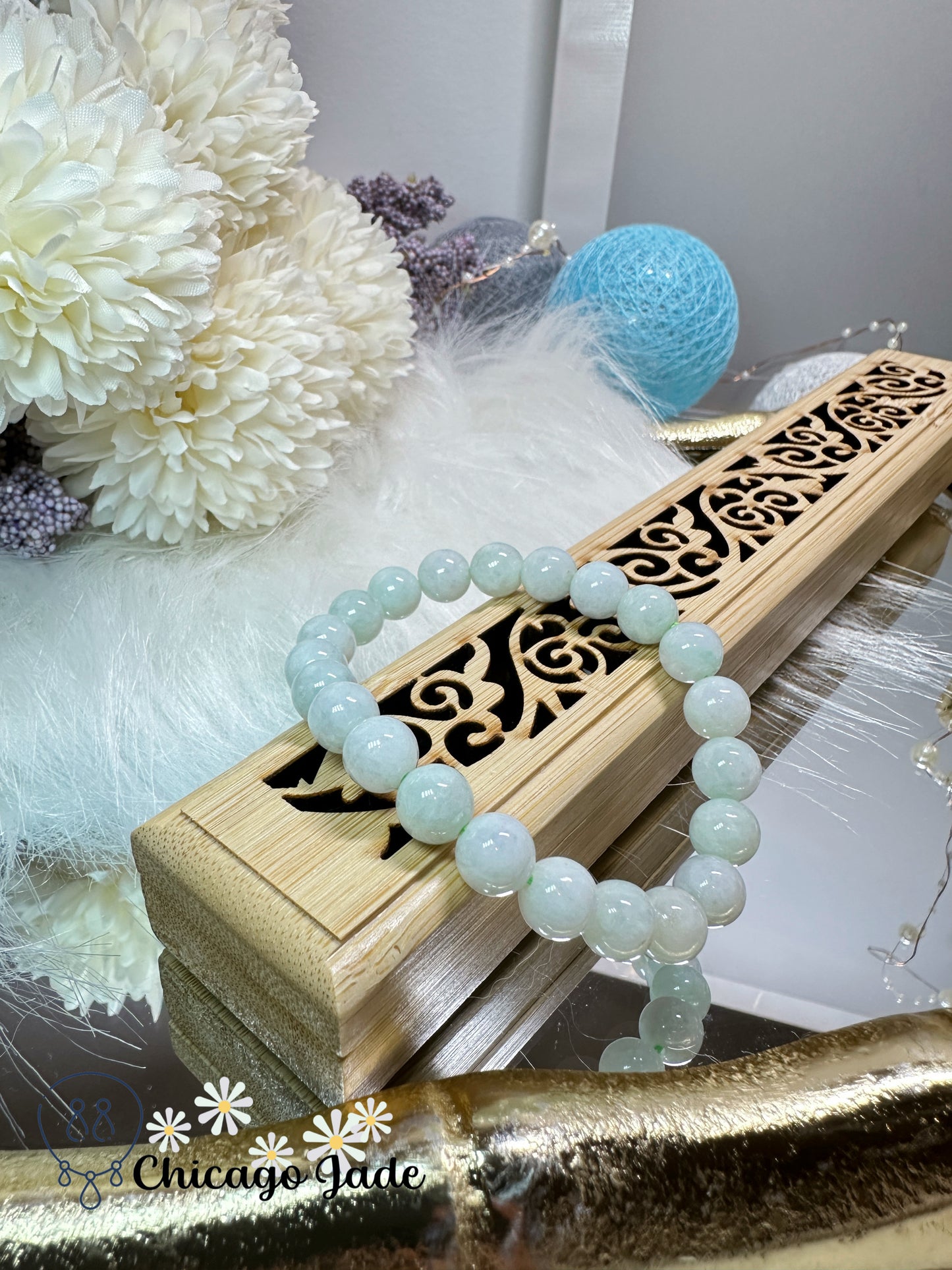 Large round milky white with touches of green jadeite jade feicui beaded bracelet