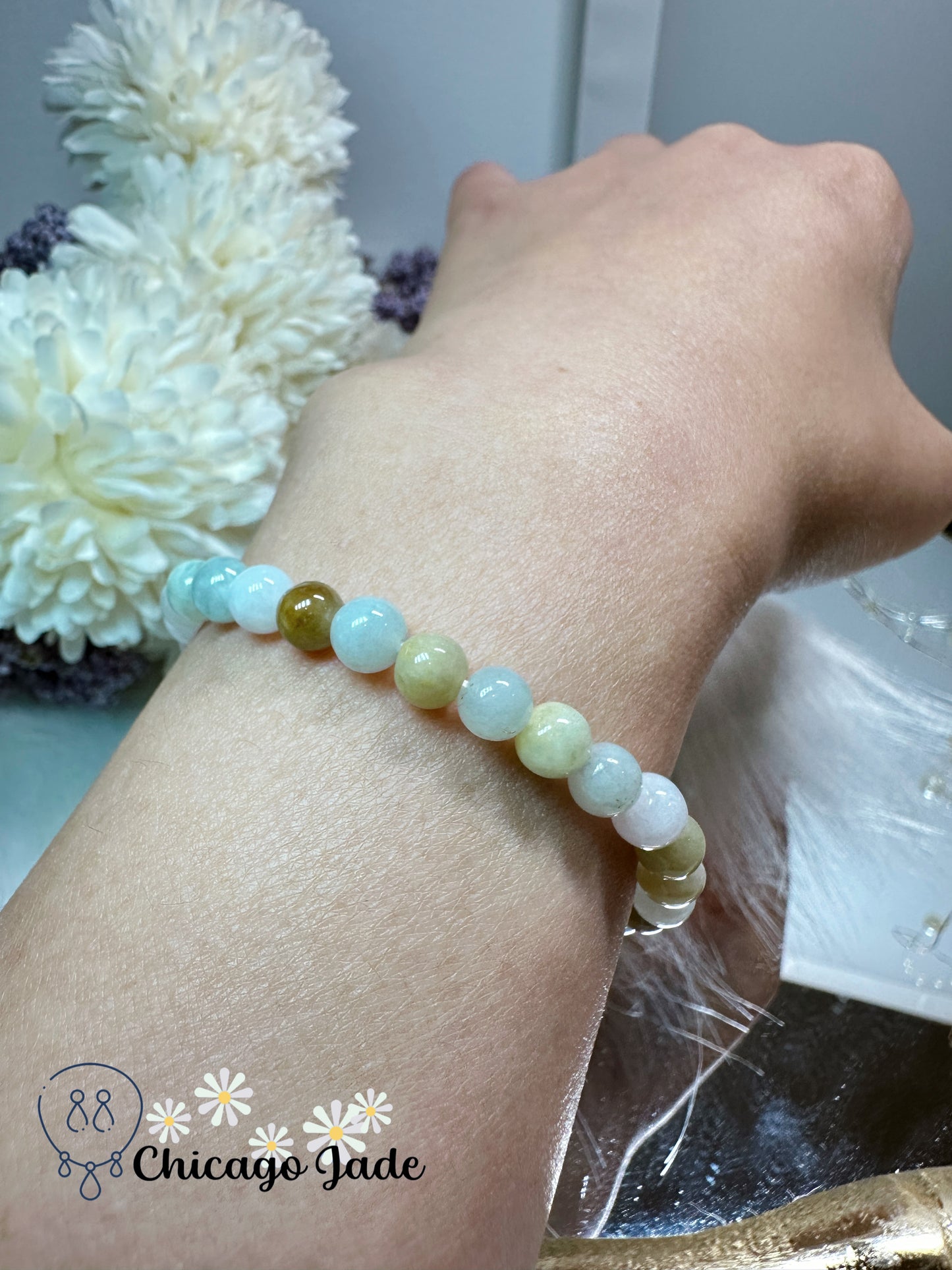 Yellow and white mixed colored authentic untreated jadeite jade feicui beaded bracelet