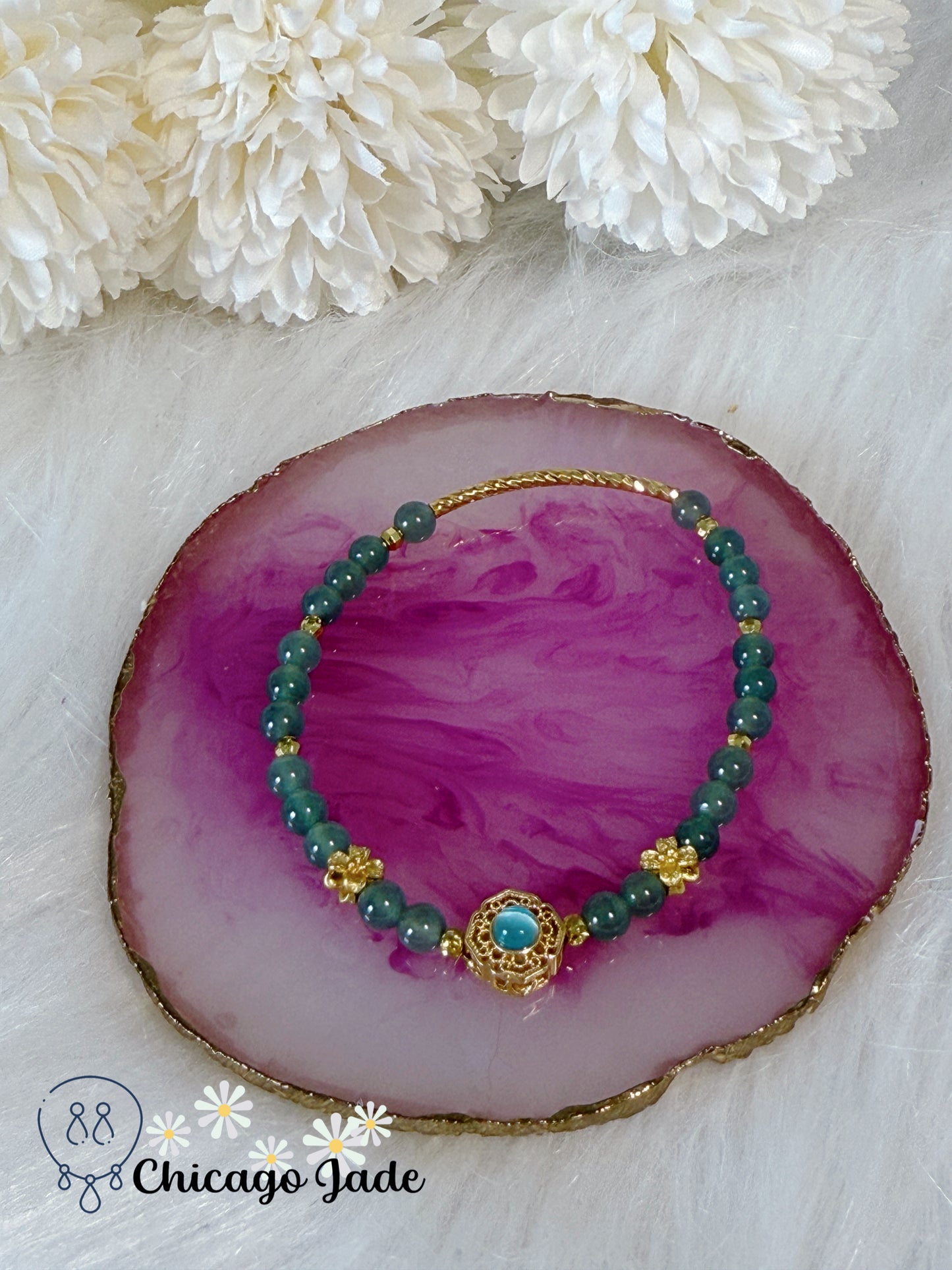 Rare Find Natural Blue Jadeite Jade Feicui Beaded Bracelet Handmade Authentic Grade A Untreated