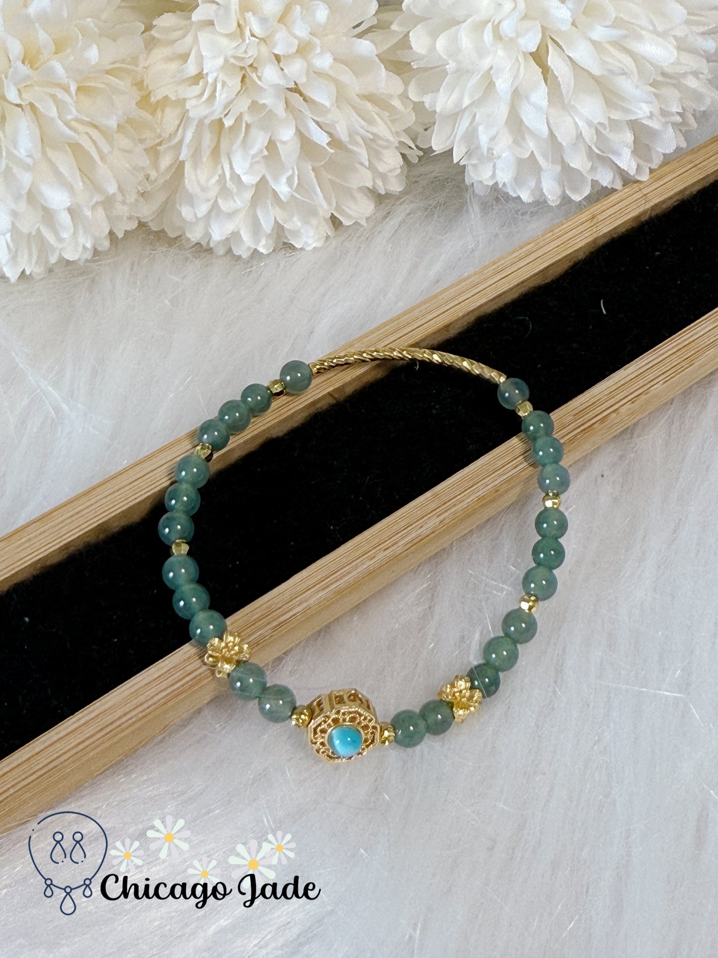 Rare Find Natural Blue Jadeite Jade Feicui Beaded Bracelet Handmade Authentic Grade A Untreated