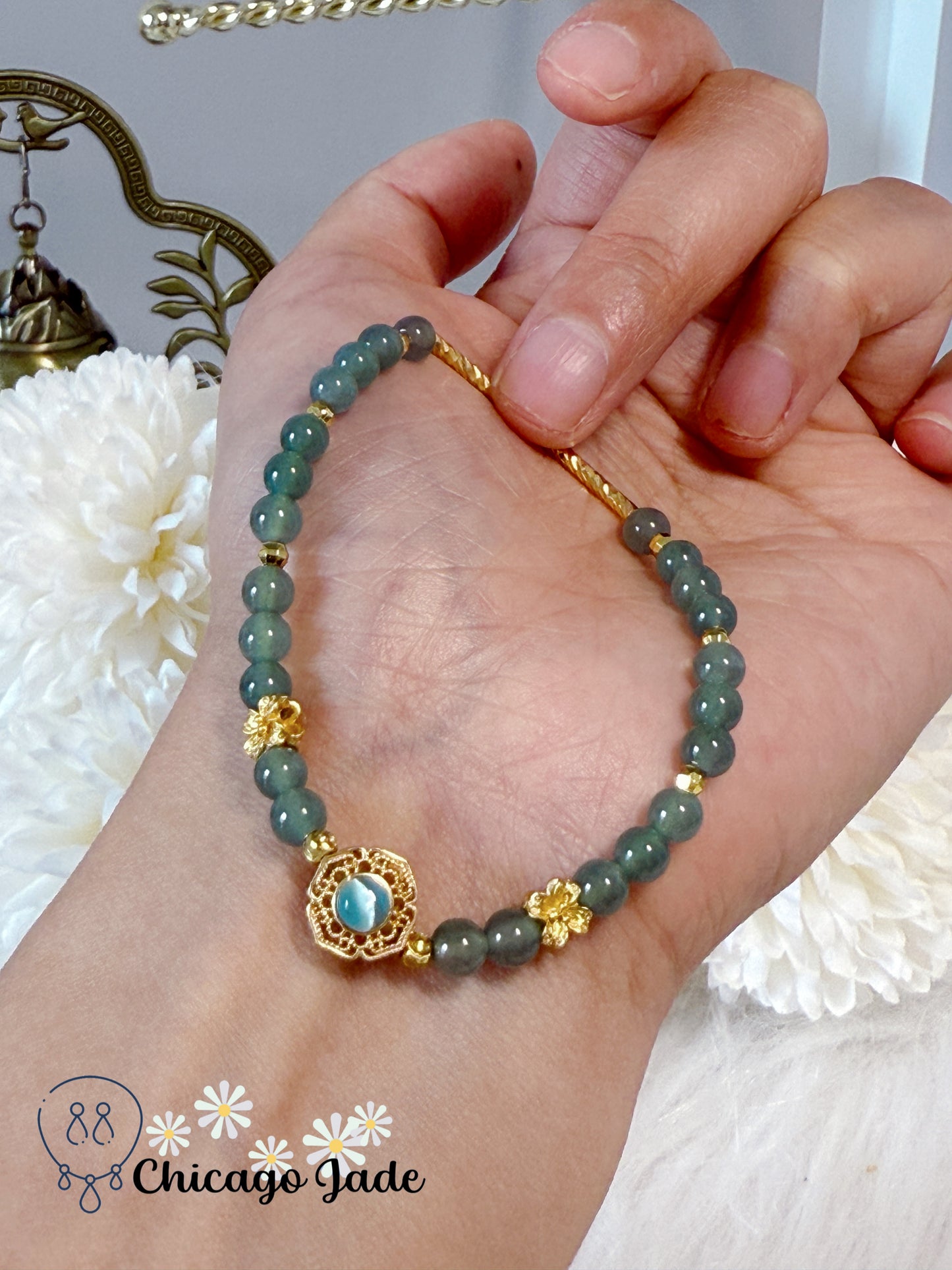 Rare Find Natural Blue Jadeite Jade Feicui Beaded Bracelet Handmade Authentic Grade A Untreated
