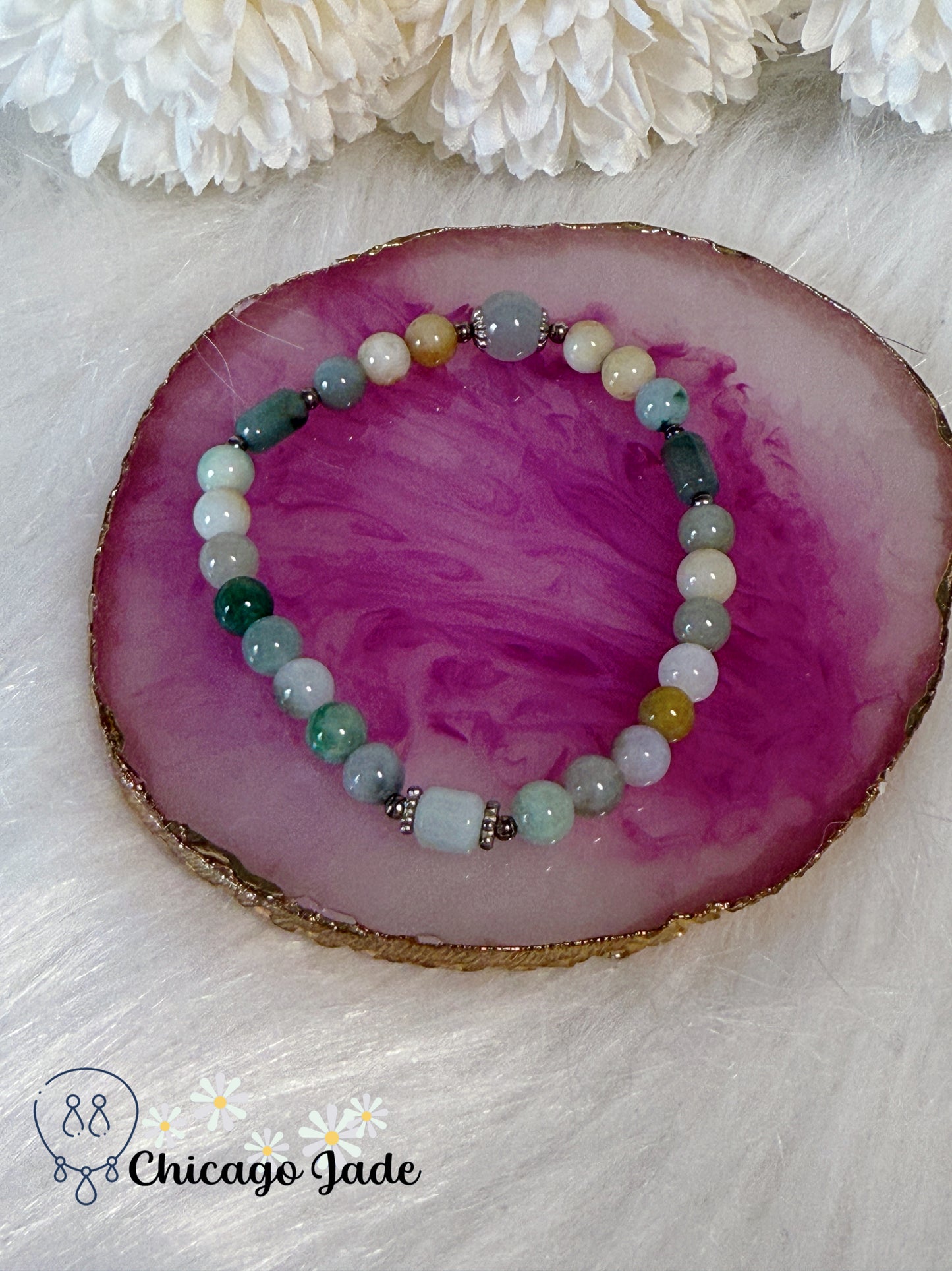 Multi-Color Natural Grade A Authentic Untreated Burma Jadeite Jade Feicui Beaded Bracelet Handmade Gift