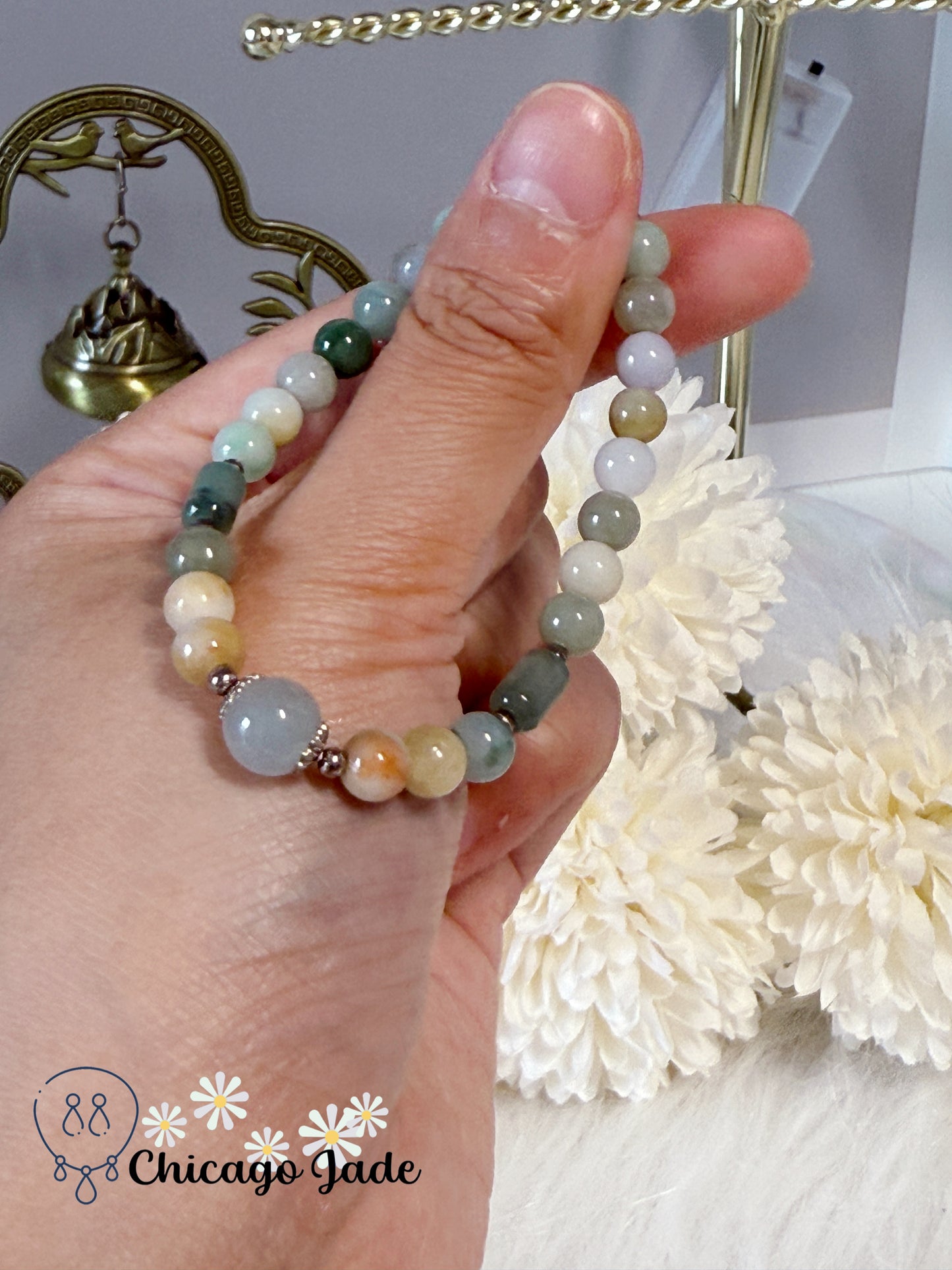 Multi-Color Natural Grade A Authentic Untreated Burma Jadeite Jade Feicui Beaded Bracelet Handmade Gift