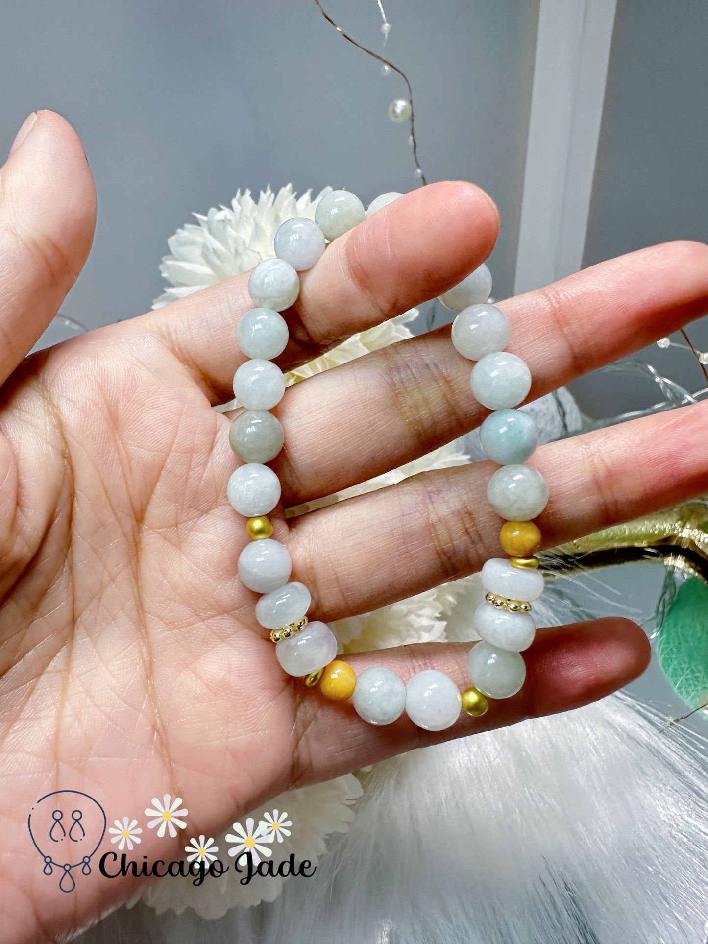 Multi-shaped jadeite jade beads light blue base with petite yellow beads to bring some highlights to your waist bracelet