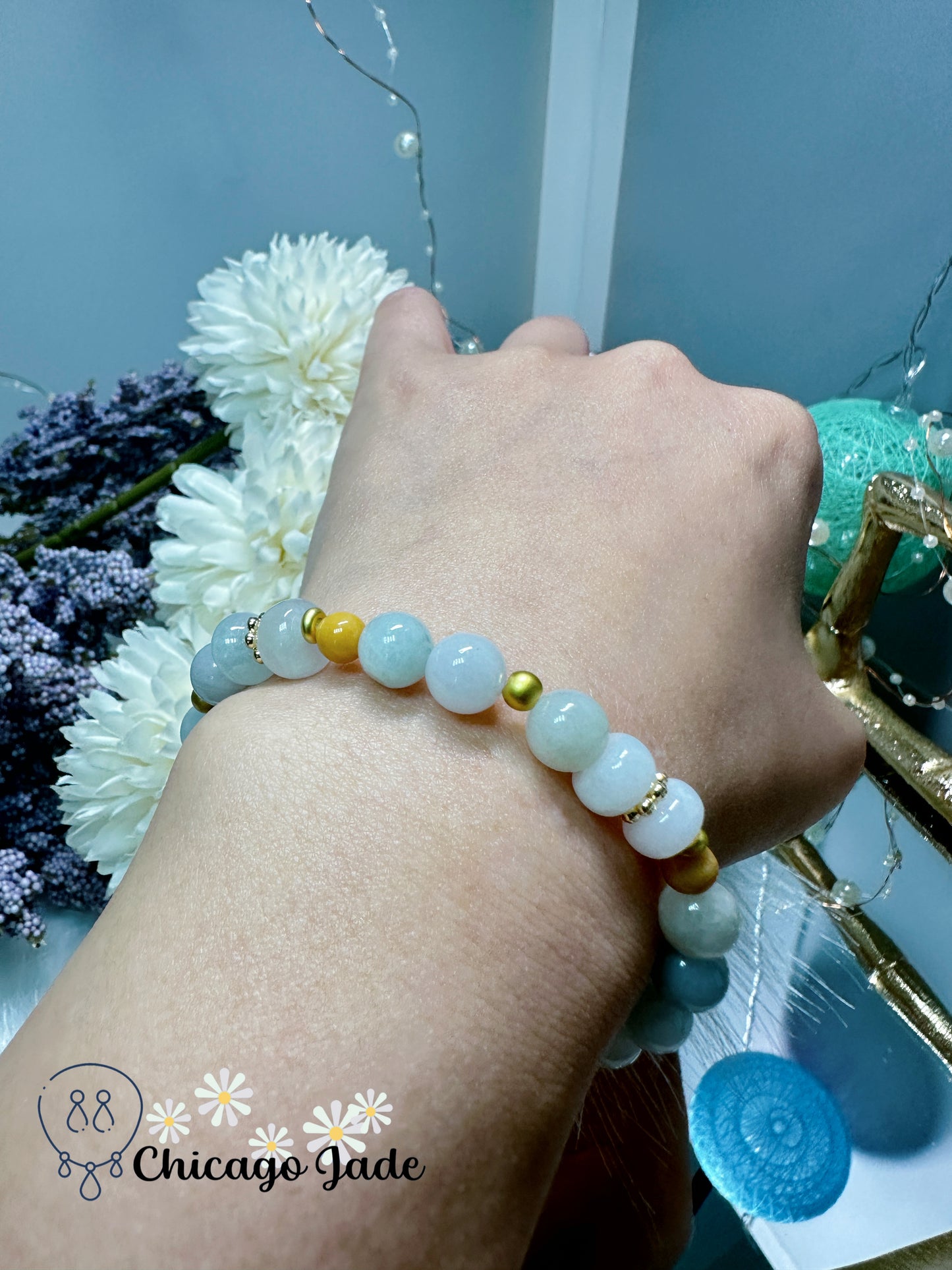Multi-shaped jadeite jade beads light blue base with petite yellow beads to bring some highlights to your waist bracelet