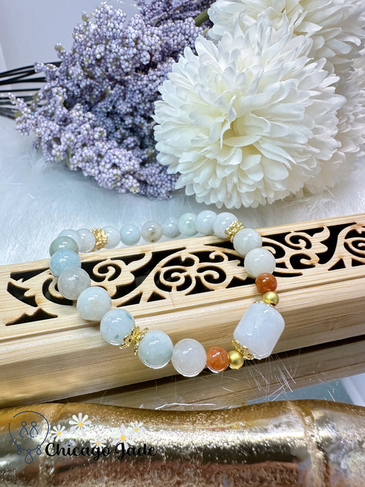 Elegant white jadeite jade feicui beaded bracelet adjustable size with natural pearl dangle