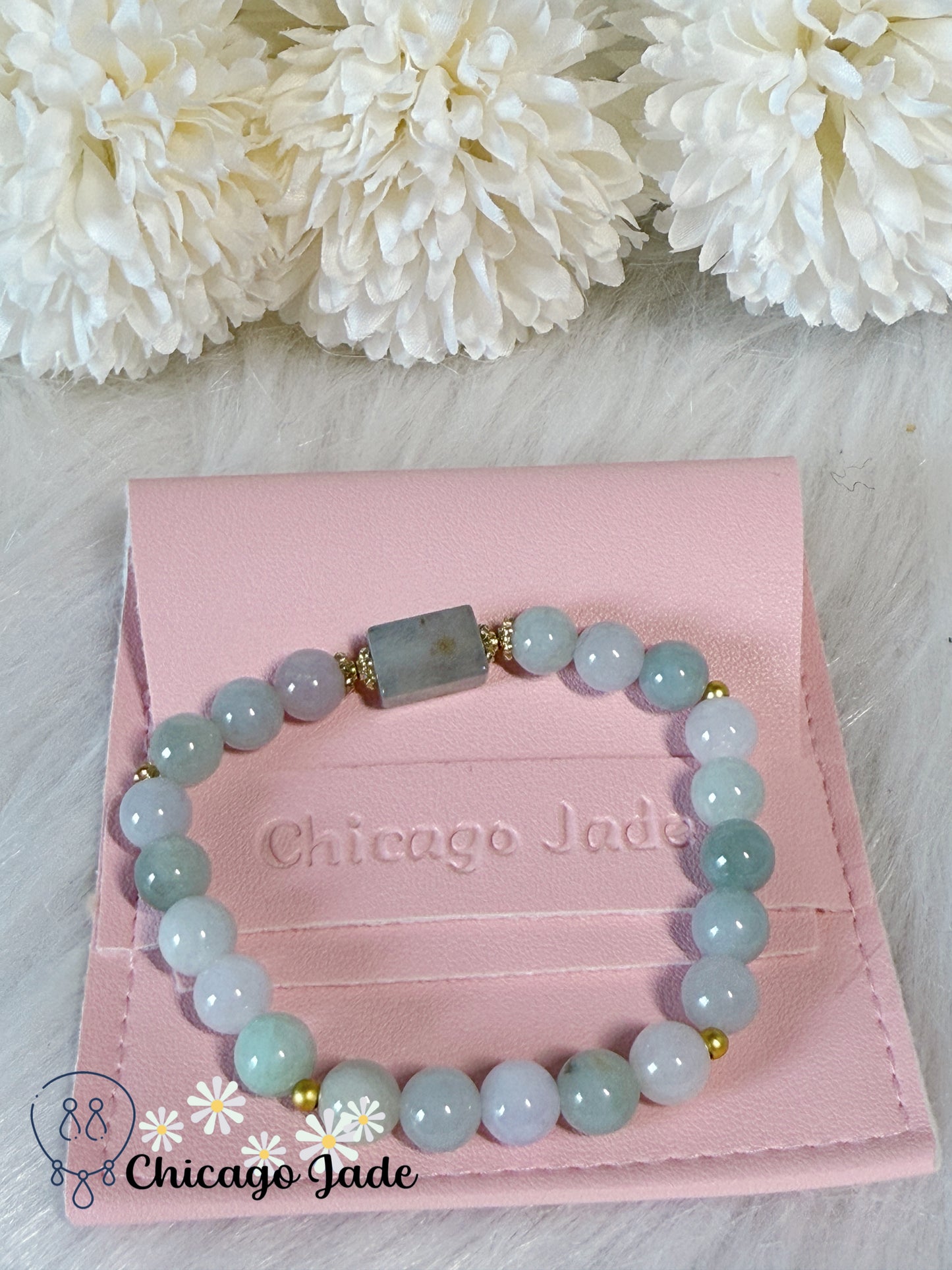 Romantic Blue White Natural Grade A Authentic Untreated Burma Jadeite Jade Feicui Beaded Bracelet Handmade Gift