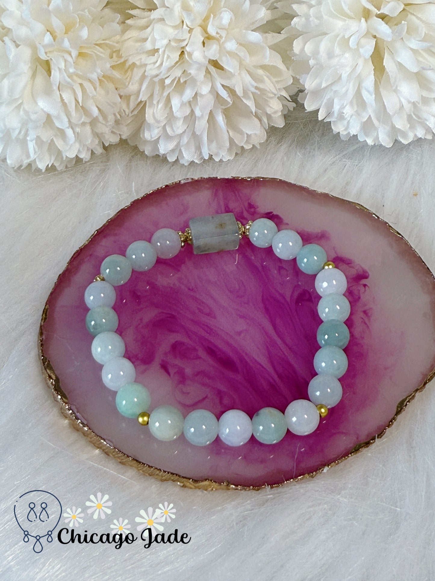Romantic Blue White Natural Grade A Authentic Untreated Burma Jadeite Jade Feicui Beaded Bracelet Handmade Gift