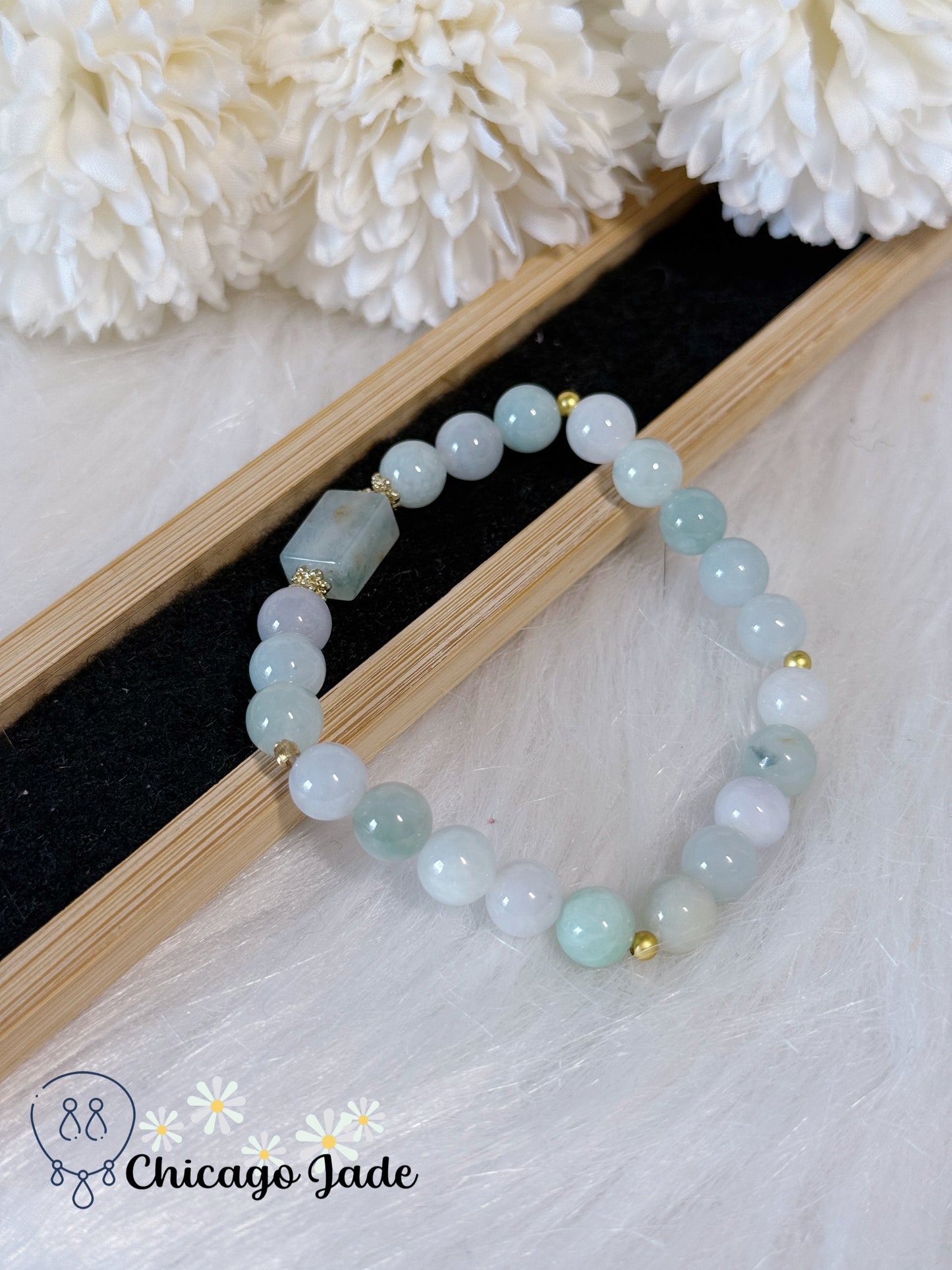 Romantic Blue White Natural Grade A Authentic Untreated Burma Jadeite Jade Feicui Beaded Bracelet Handmade Gift