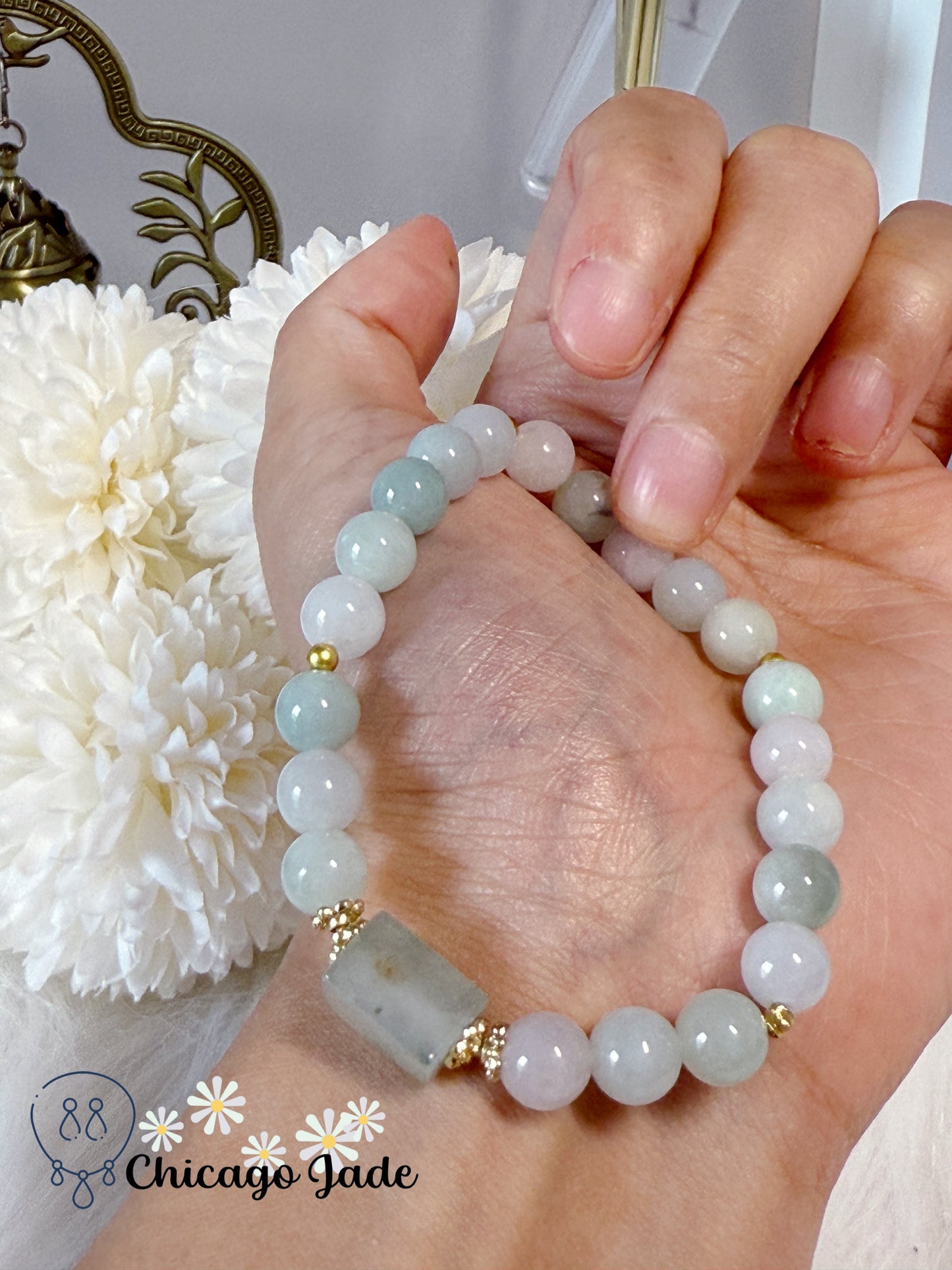 Romantic Blue White Natural Grade A Authentic Untreated Burma Jadeite Jade Feicui Beaded Bracelet Handmade Gift