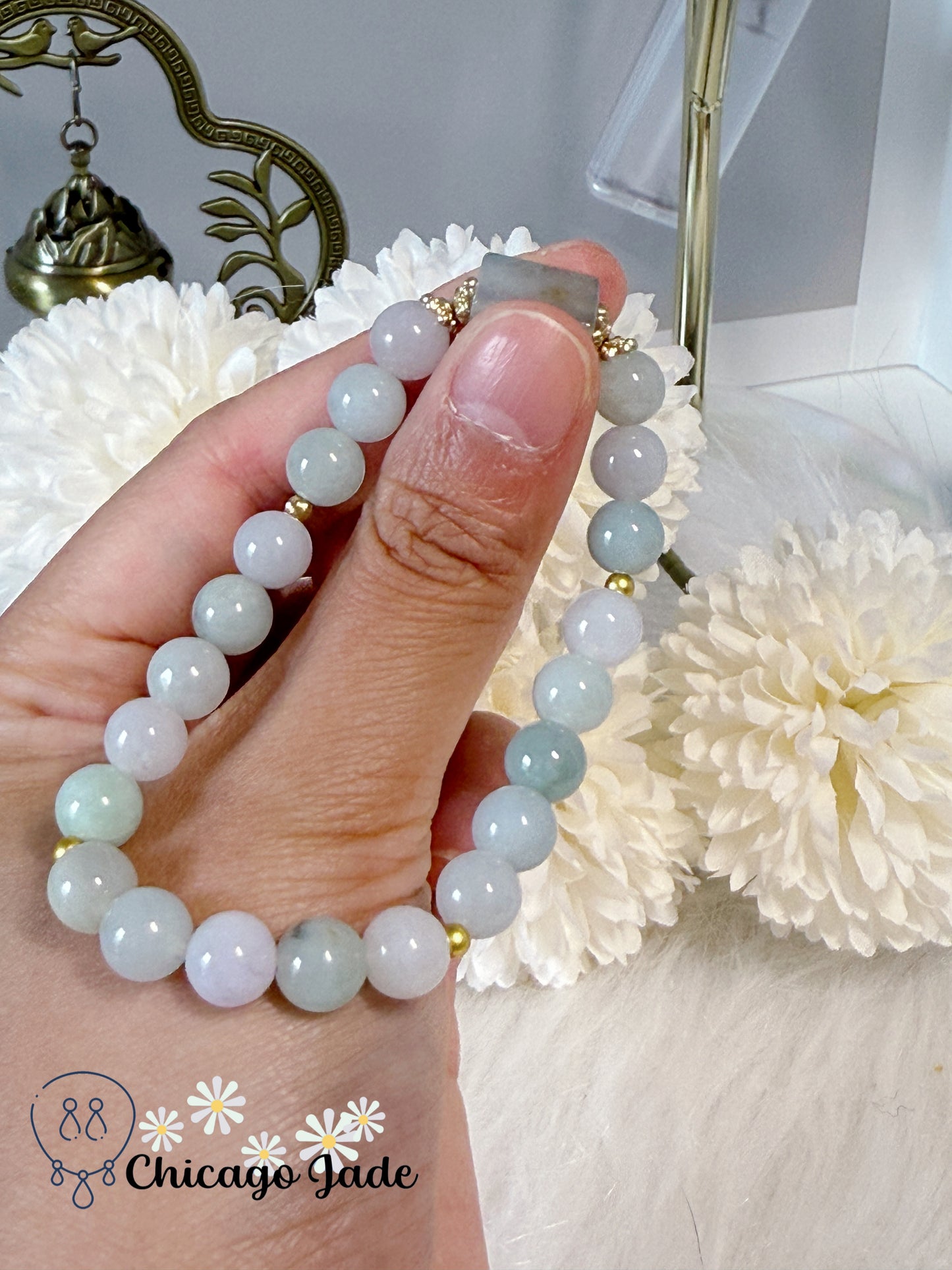 Romantic Blue White Natural Grade A Authentic Untreated Burma Jadeite Jade Feicui Beaded Bracelet Handmade Gift