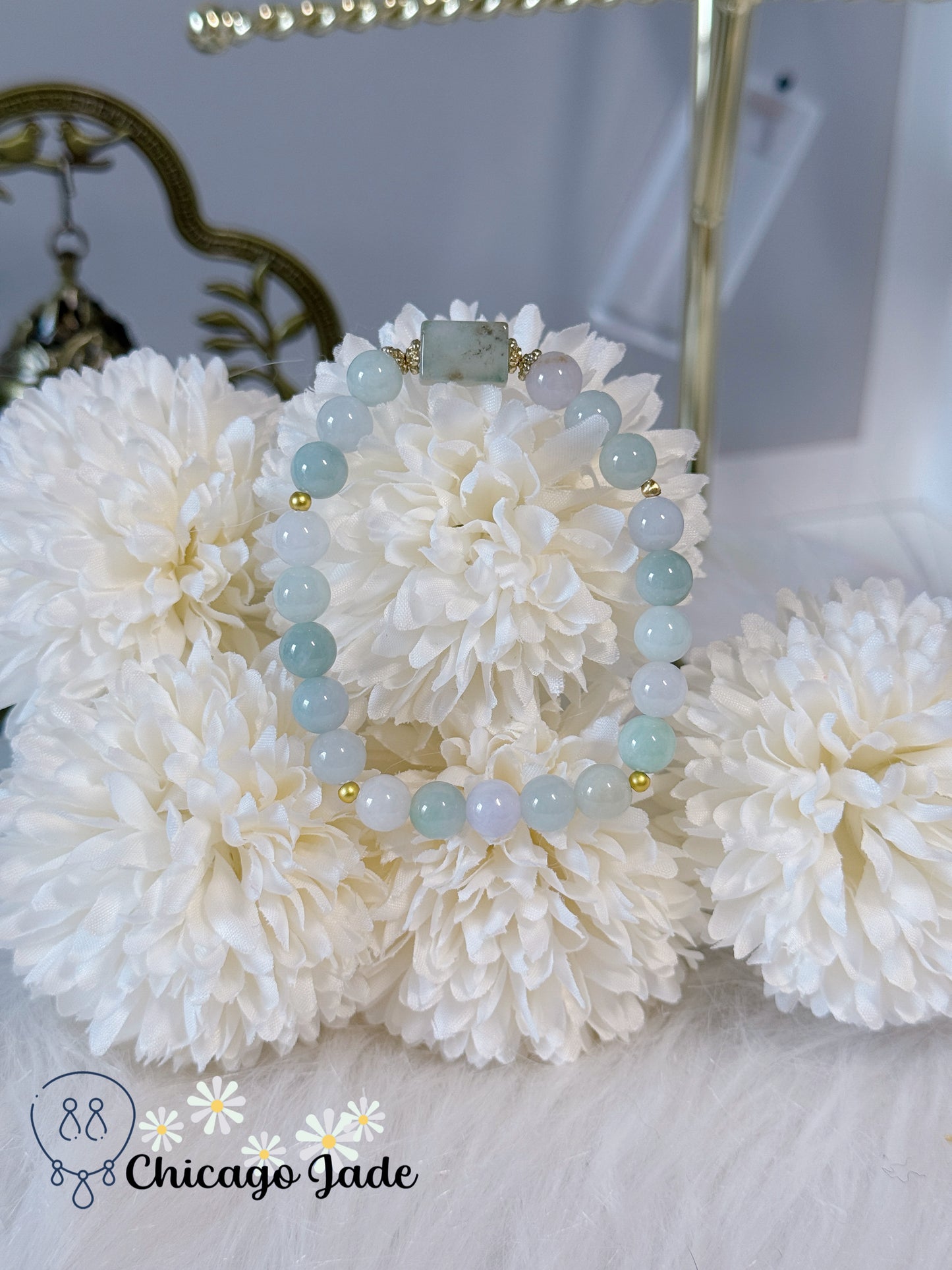 Romantic Blue White Natural Grade A Authentic Untreated Burma Jadeite Jade Feicui Beaded Bracelet Handmade Gift
