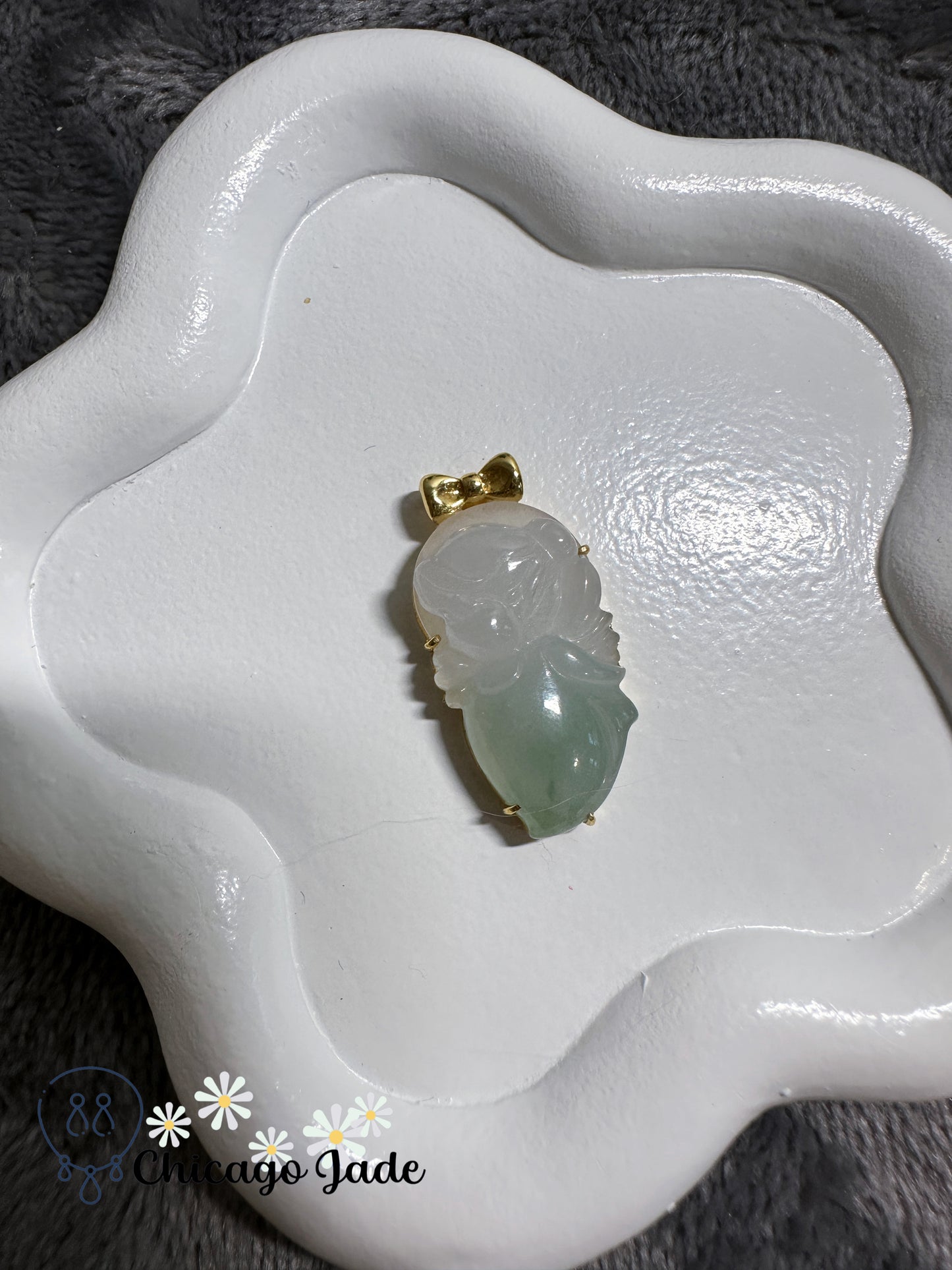 half clear sage half white jadeite fairy pendant with 18k clasp