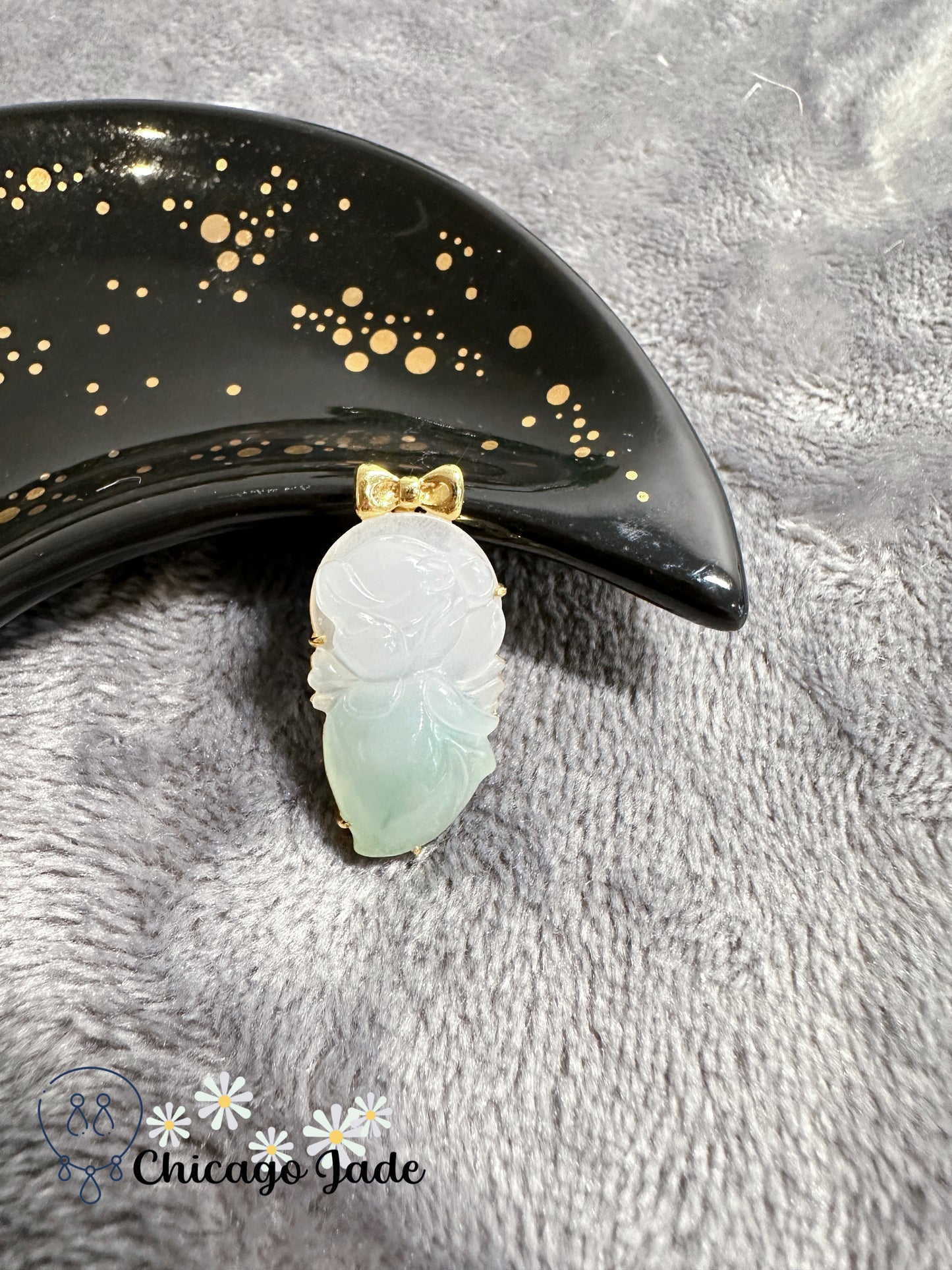 half clear sage half white jadeite fairy pendant with 18k clasp