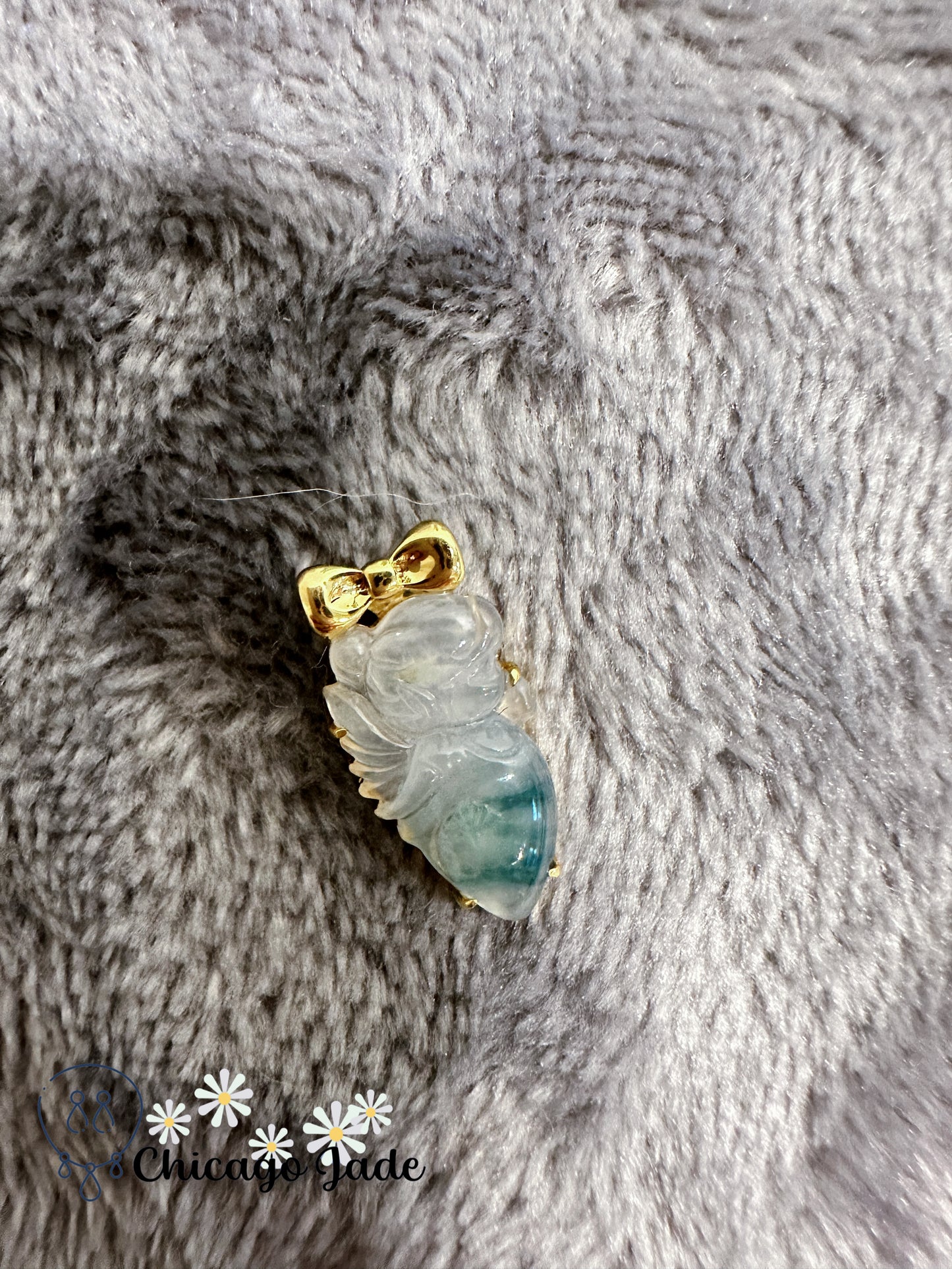 Clear with floral blue jadeite fairy pendant with 18k clasp
