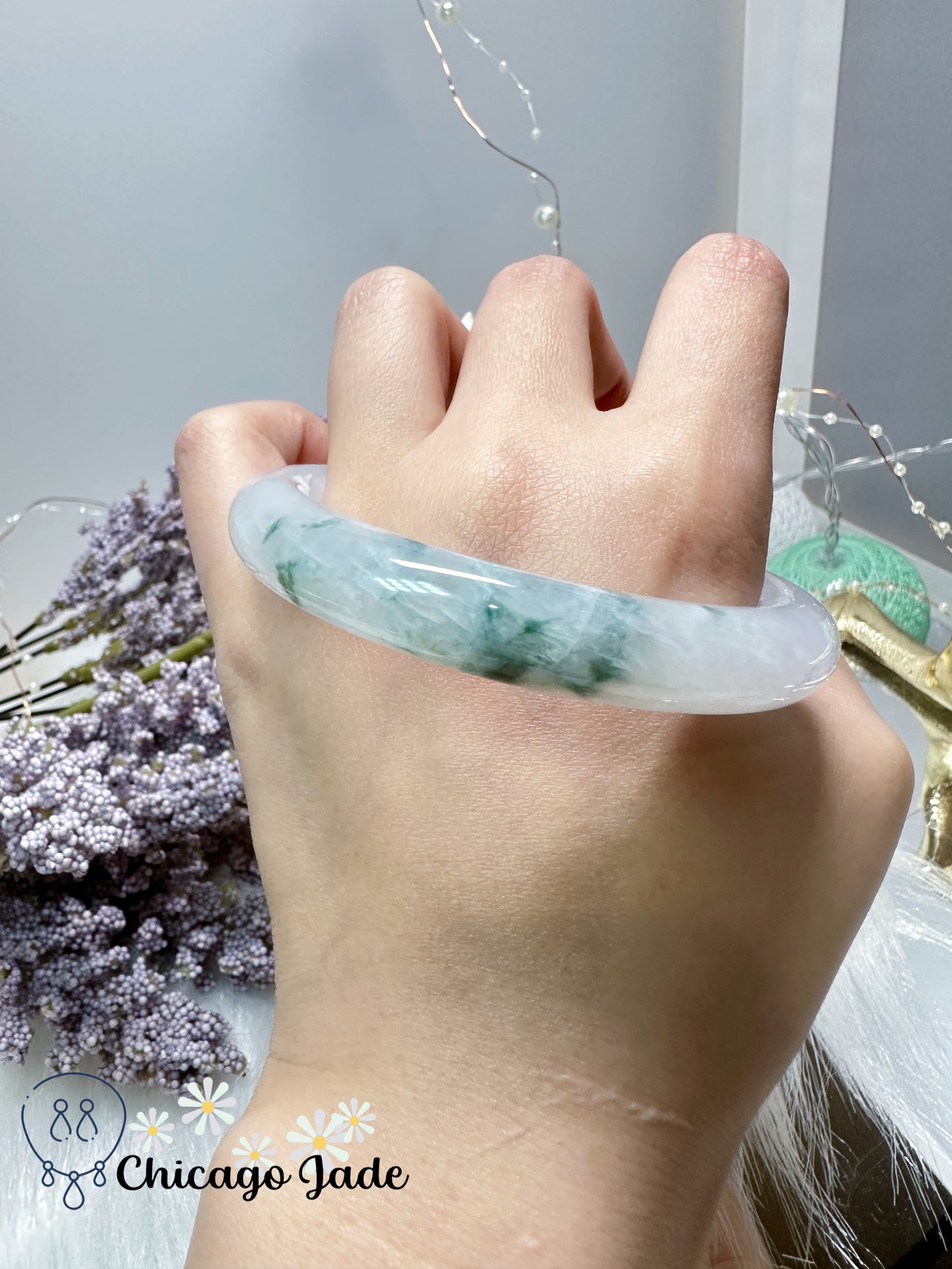 High-end moonlight translucent see-through jadeite jade feicui bangle with dark green floating flower- 56.7mm/size M/Certified