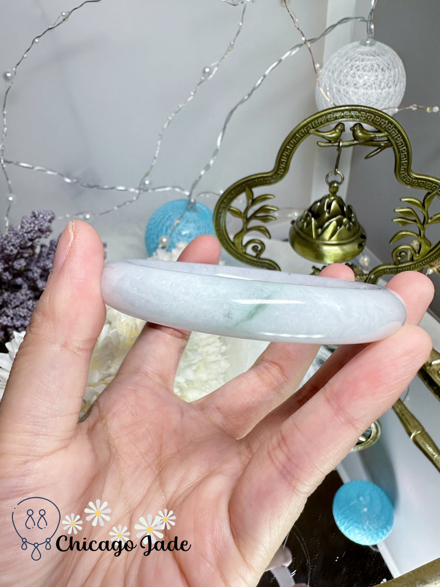 55.3mm Moonlight white with touches of wuji dark spots and green flower natural untreated Burma jadeite jade feicui bangle