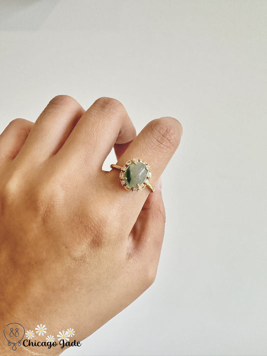 Oval Floral Green on translucent white jadeite sterling silver ring