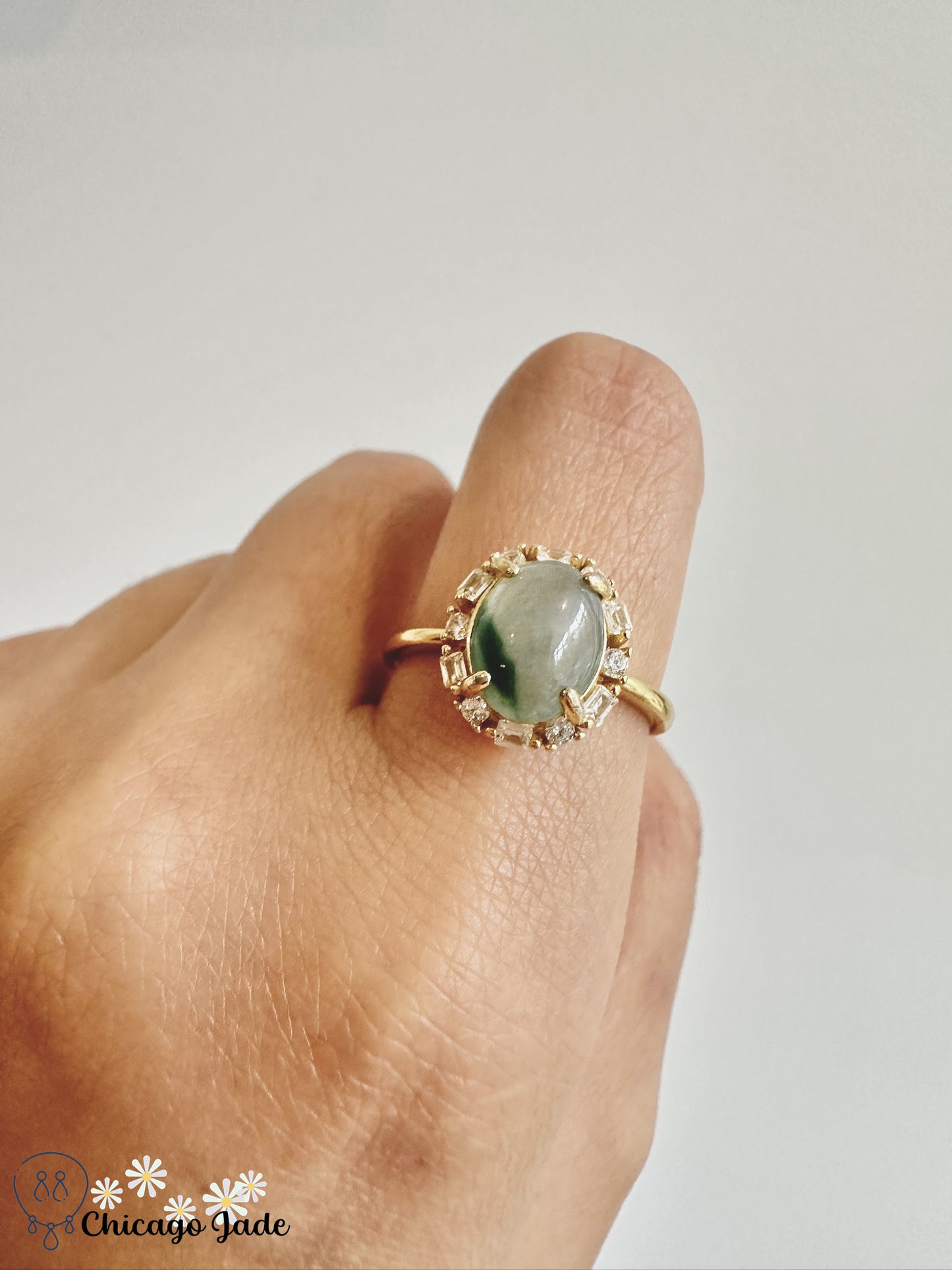 Oval Floral Green on translucent white jadeite sterling silver ring