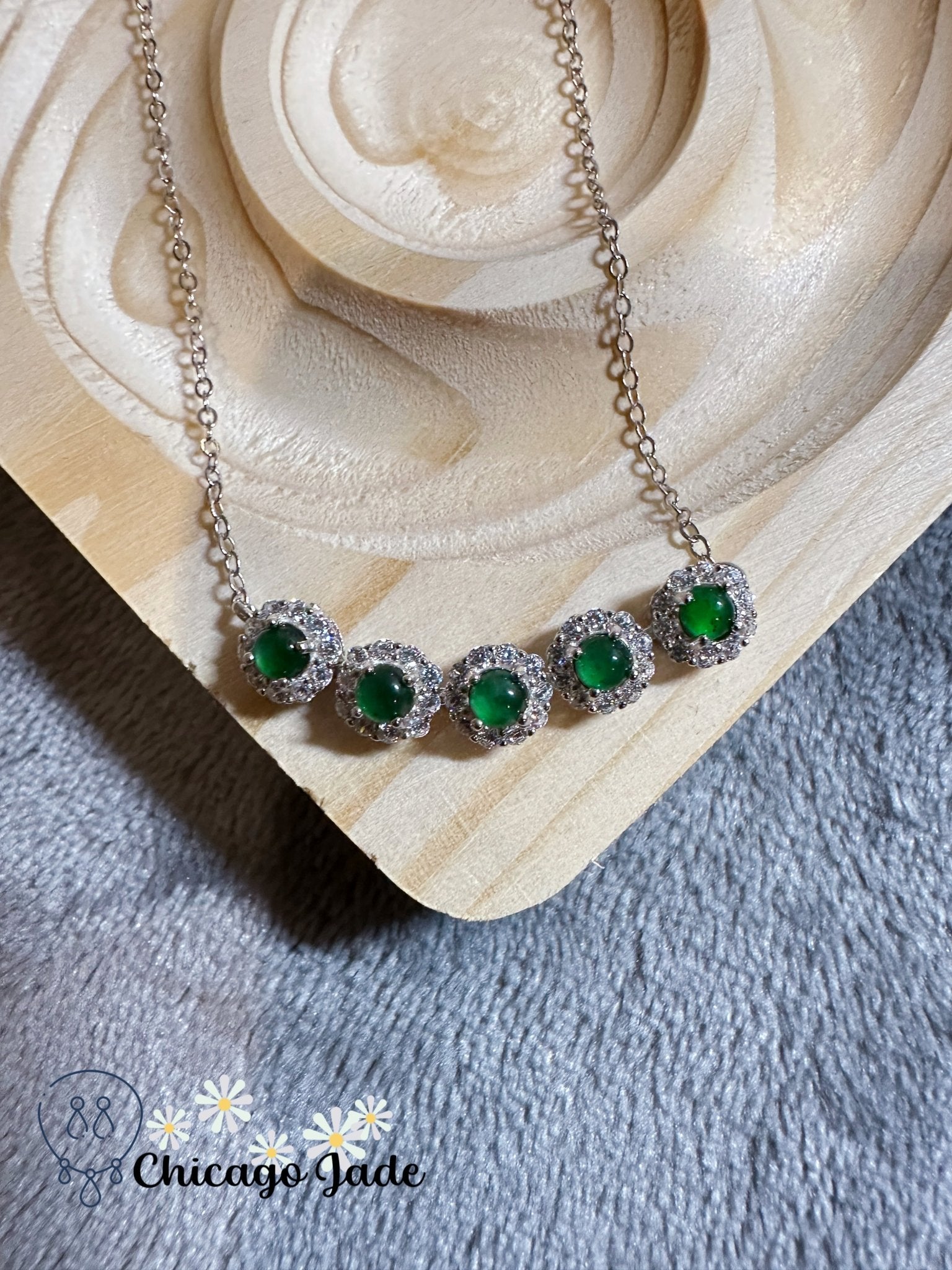 Five stone smiling sterling S925 silver necklace with bright green jadeite jade stones - Chicago Jadeanniversarybirthday giftengagementChicago Jade