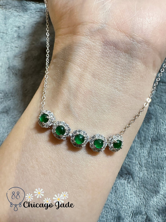 Five stone smiling sterling S925 silver necklace with bright green jadeite jade stones - Chicago Jadeanniversarybirthday giftengagementChicago Jade