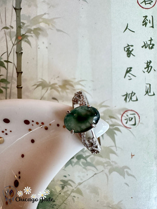 Floral green oval jadeite sterling silver ring with zircon - Chicago Jadeanniversarybirthday giftengagementChicago Jade