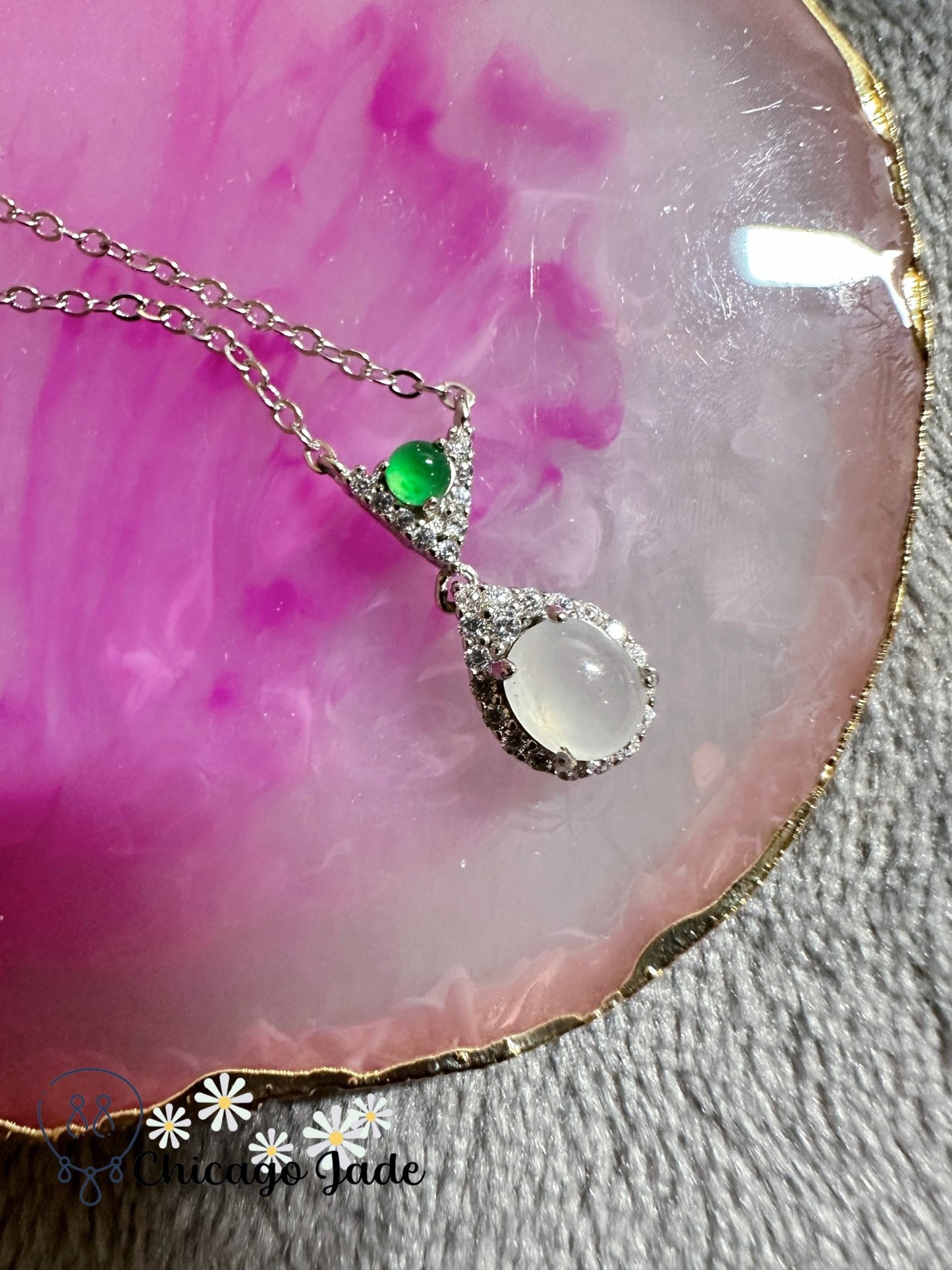 Large droplet shape jadeite jade stone necklace sterling S925 silver - Chicago Jadeanniversarybirthday giftcharmChicago Jade