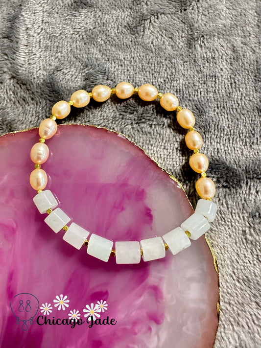 Pearl with cylinder jadeite jade stone bracelet - Chicago Jadeanniversarybeadedbirthday giftChicago Jade