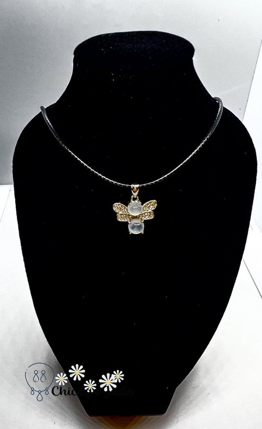 Sterling Silver Jadeite Zircon Bee Pendant Necklace - Chicago Jadeanimalanniversarybirthday giftChicago Jade