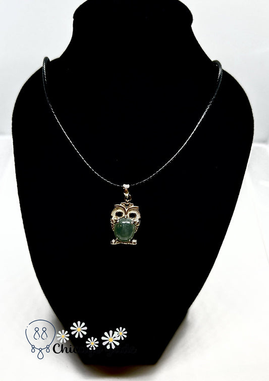 Sterling Silver Jadeite Zircon Owl Pendant Necklace - Chicago Jadeanimalanniversarybirthday giftChicago Jade