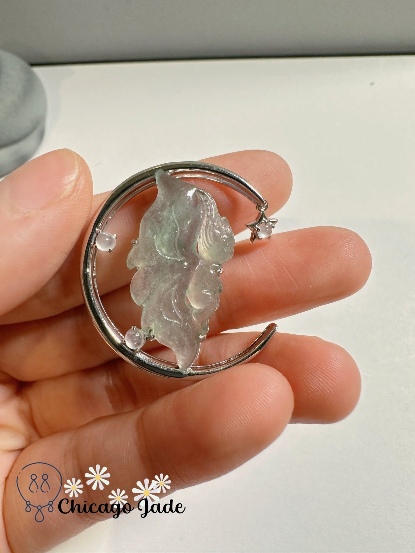 Translucent butterfly angel jadeite jade pendant on solid 18K white gold - vintage - Chicago Jadeanimalanniversarybirthday giftChicago Jade